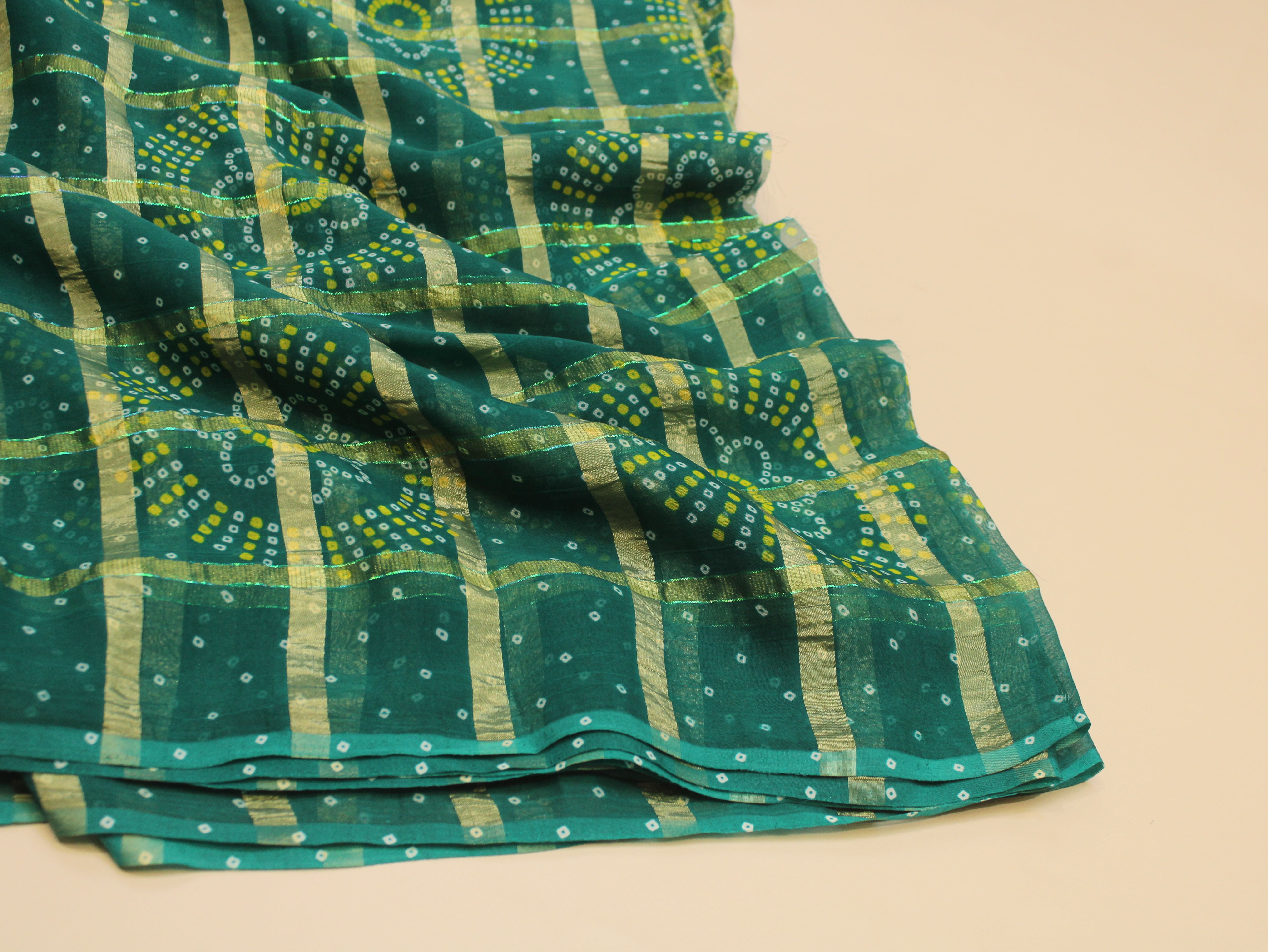 Faux Georgette Bandhini with Zari Woven Check Design 44 Inches | Rama Green