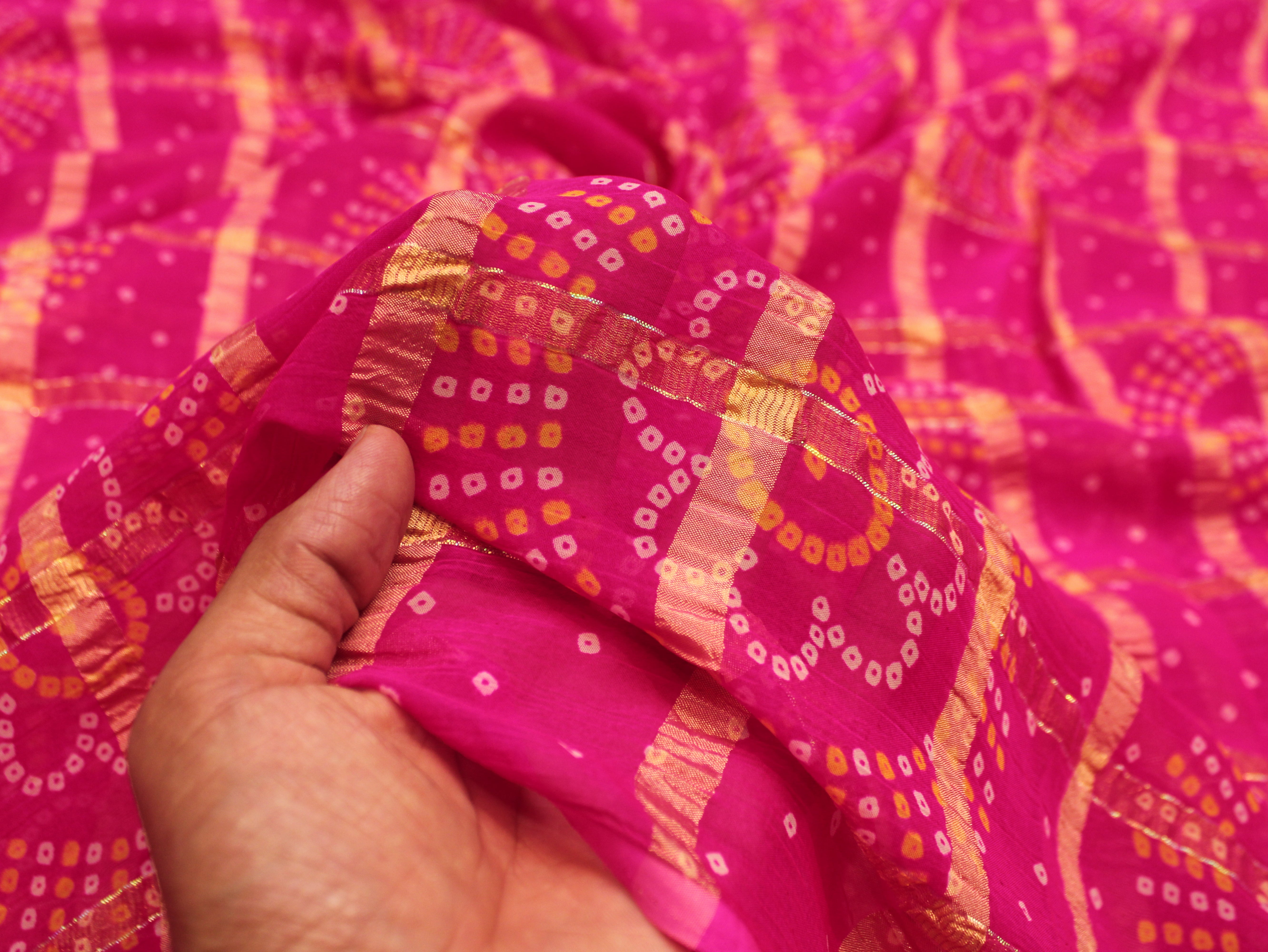 Faux Georgette Bandhini with Zari Woven Check Design 44 Inches | Pink