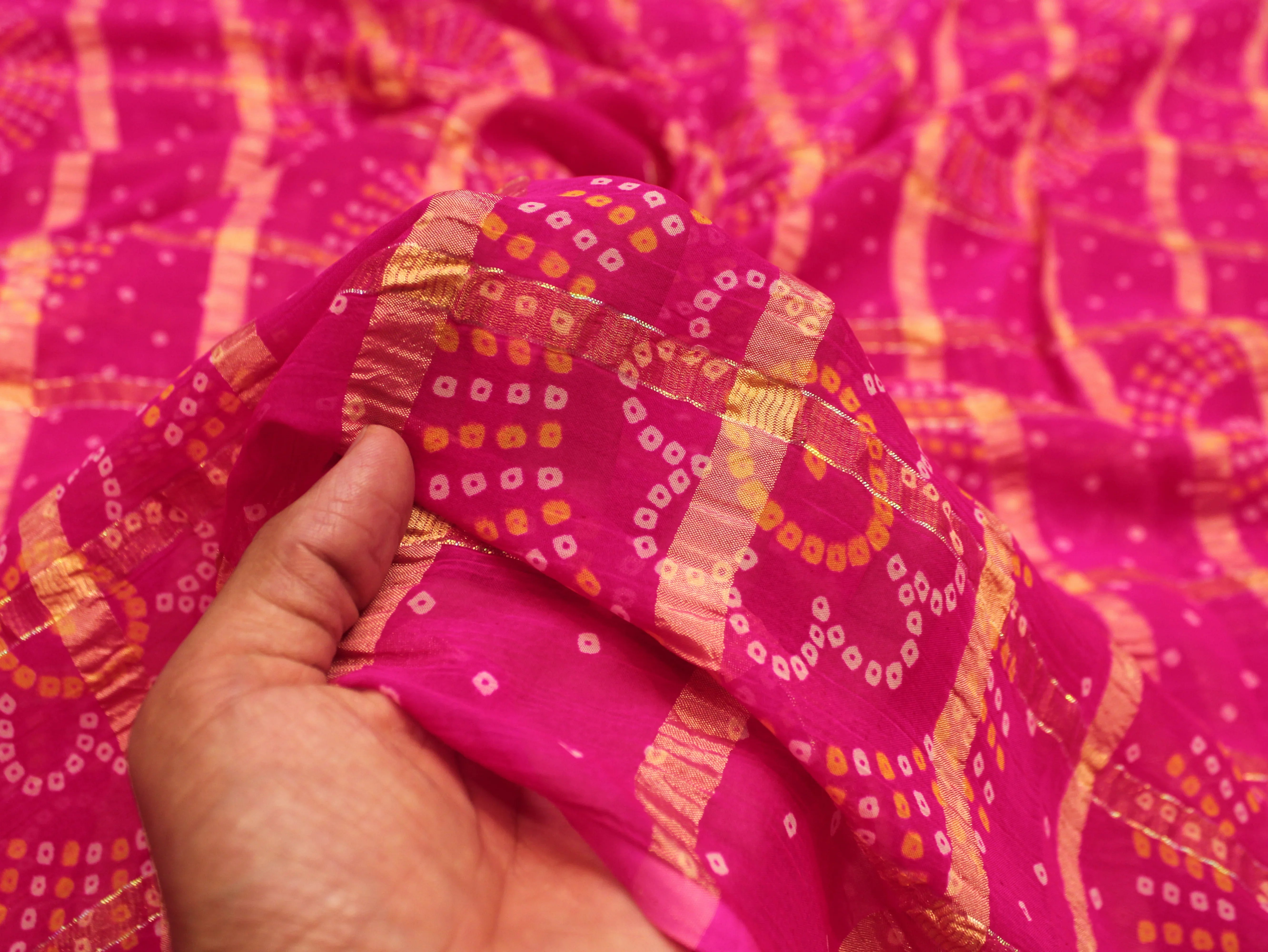 Faux Georgette Bandhini with Zari Woven Check Design 44 Inches | Pink