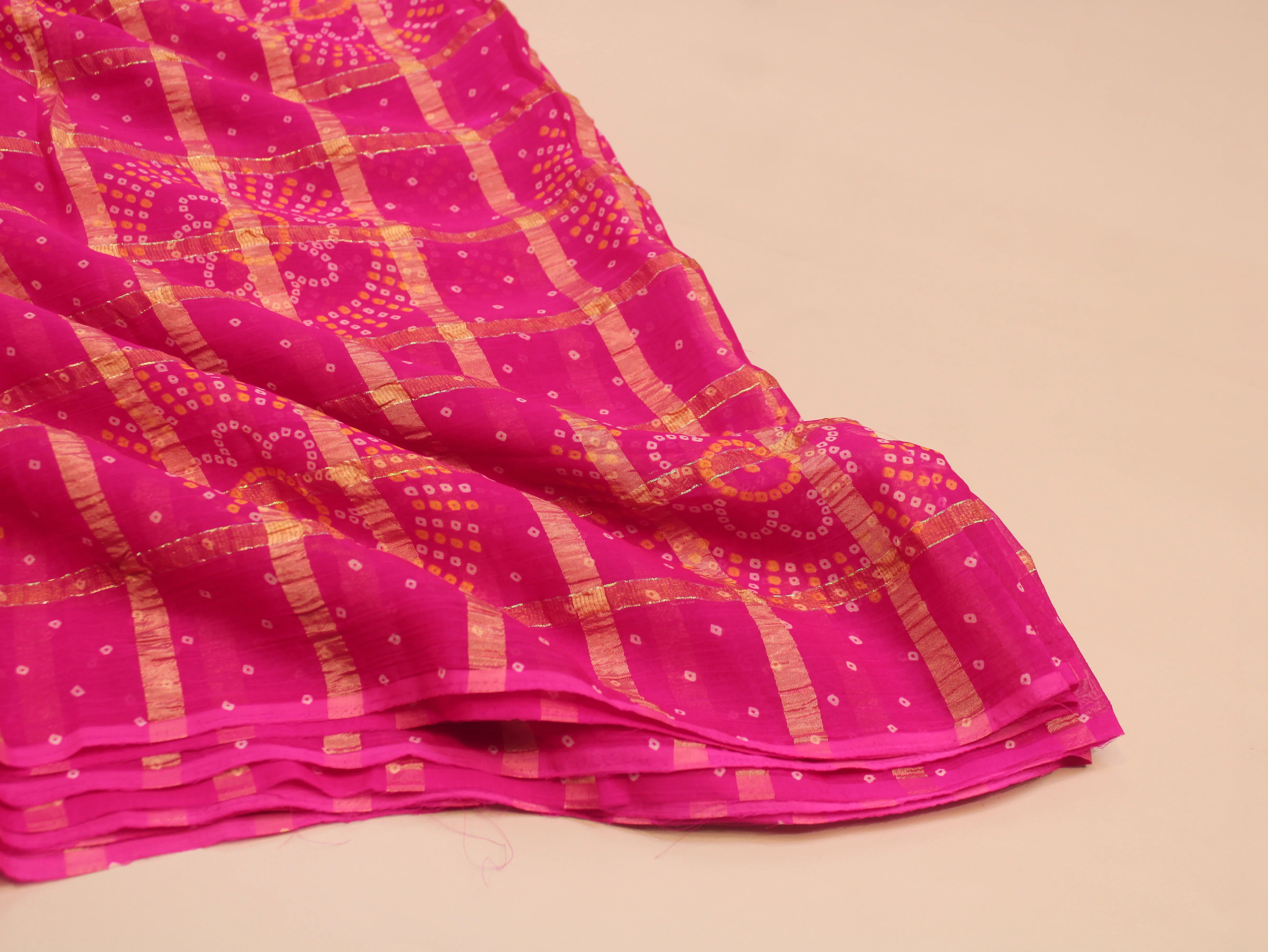 Faux Georgette Bandhini with Zari Woven Check Design 44 Inches | Pink