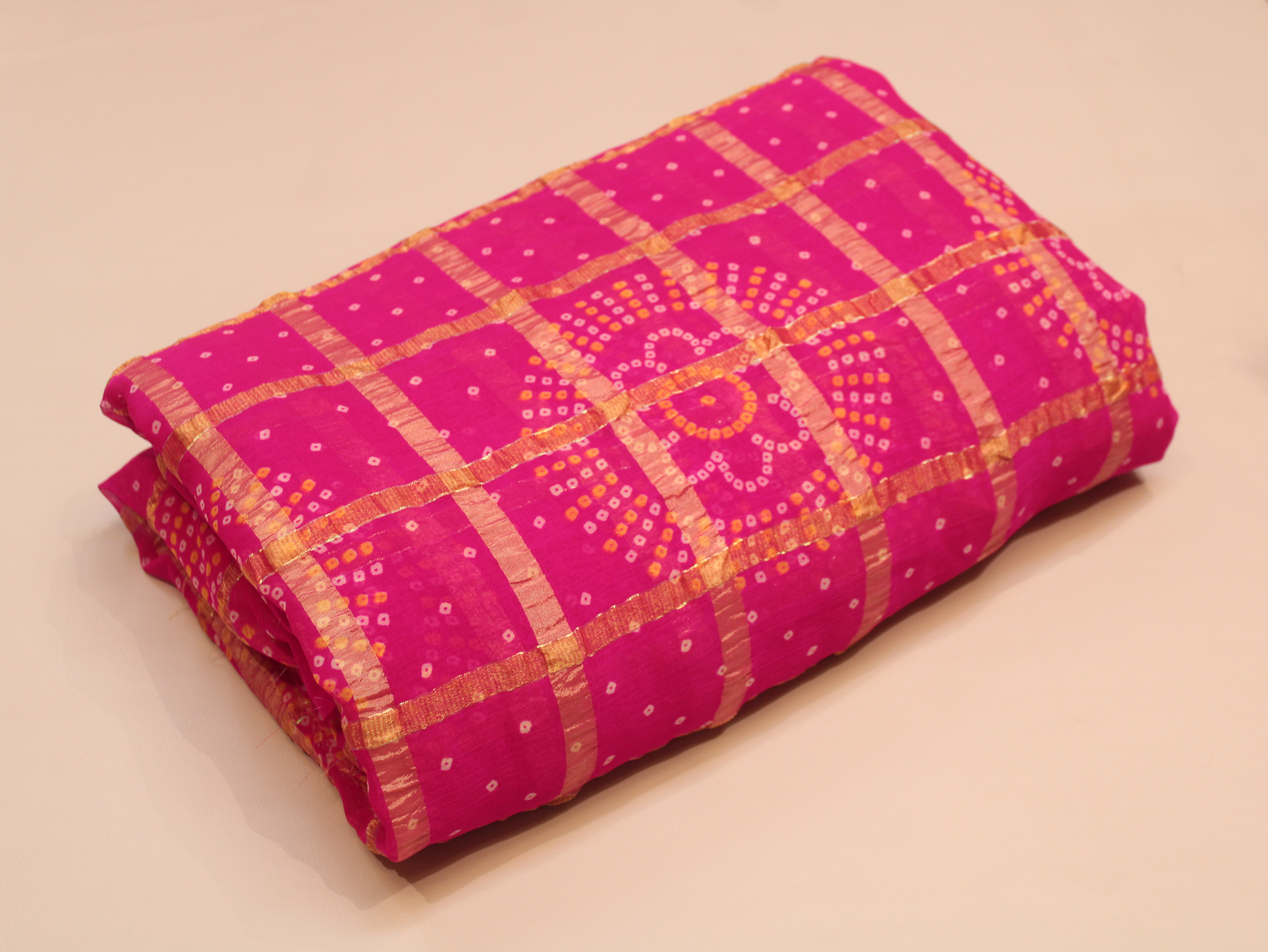 Faux Georgette Bandhini with Zari Woven Check Design 44 Inches | Pink