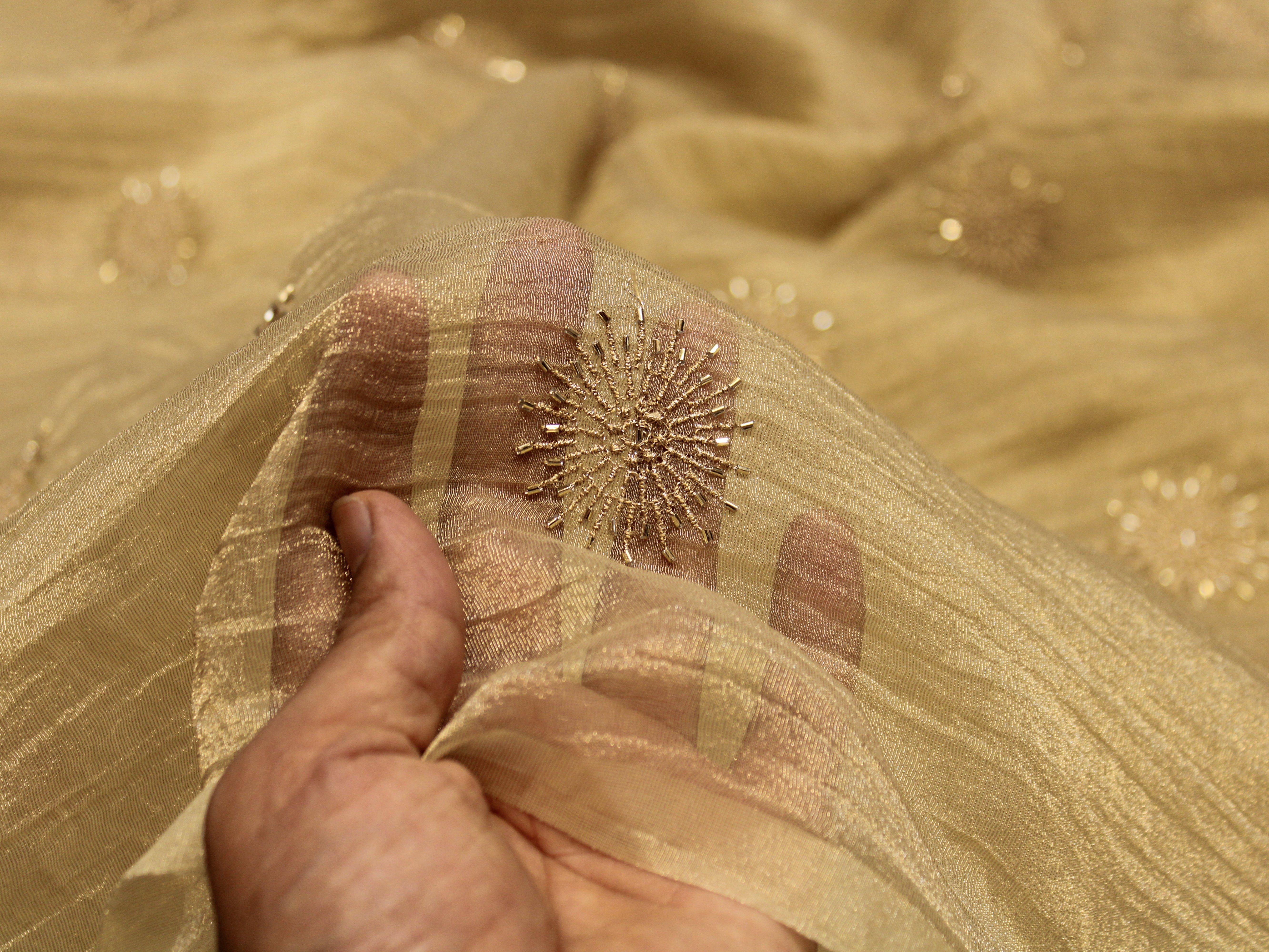 Banarsi Tissue Fabric with Semi Beads Buta Work 44 Inches | Golden