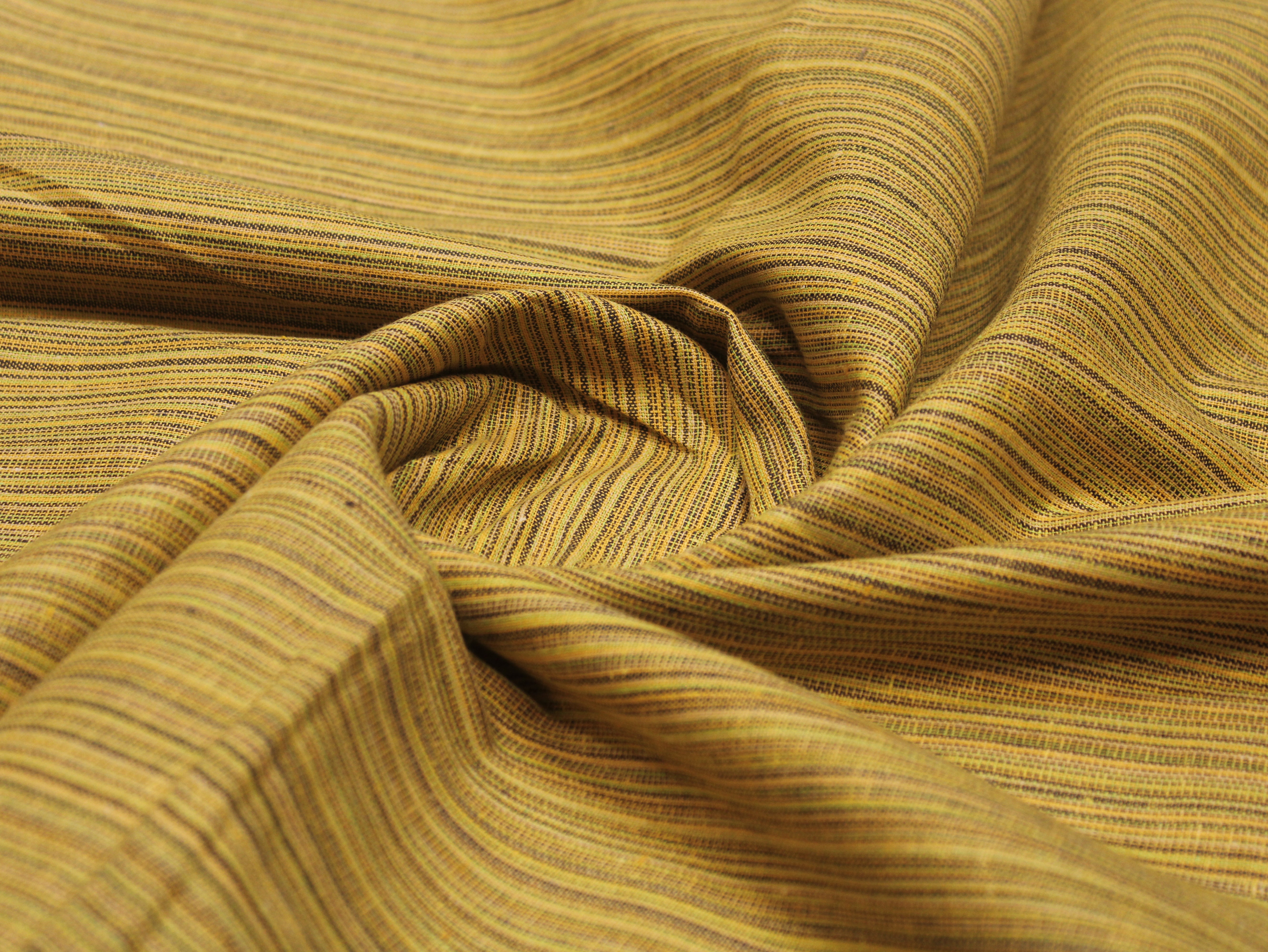 Pure Cotton Handloom Woven Fabric — Khaki-Yellow | Stripe | 58 Inch
