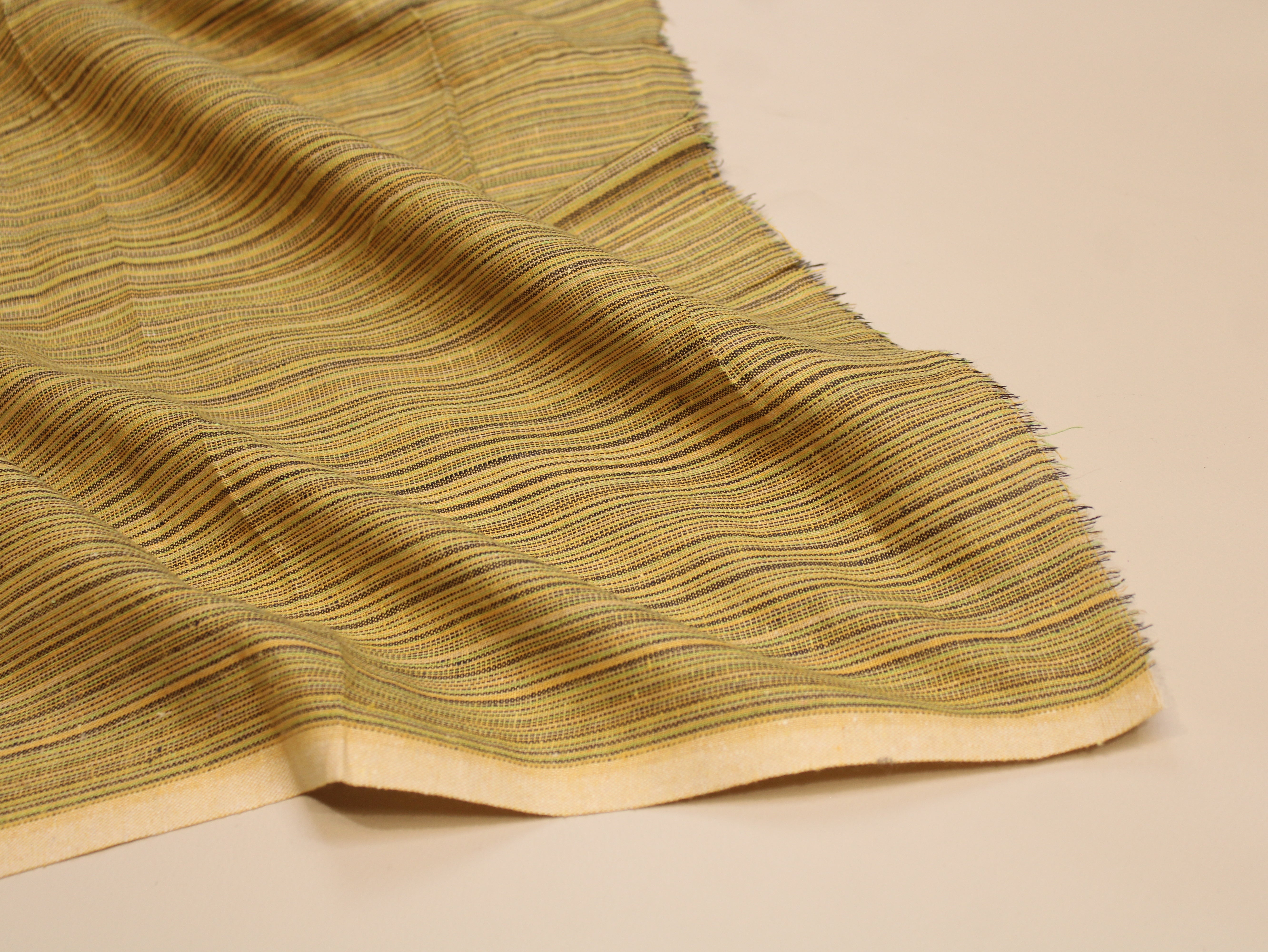 Pure Cotton Handloom Woven Fabric — Khaki-Yellow | Stripe | 58 Inch