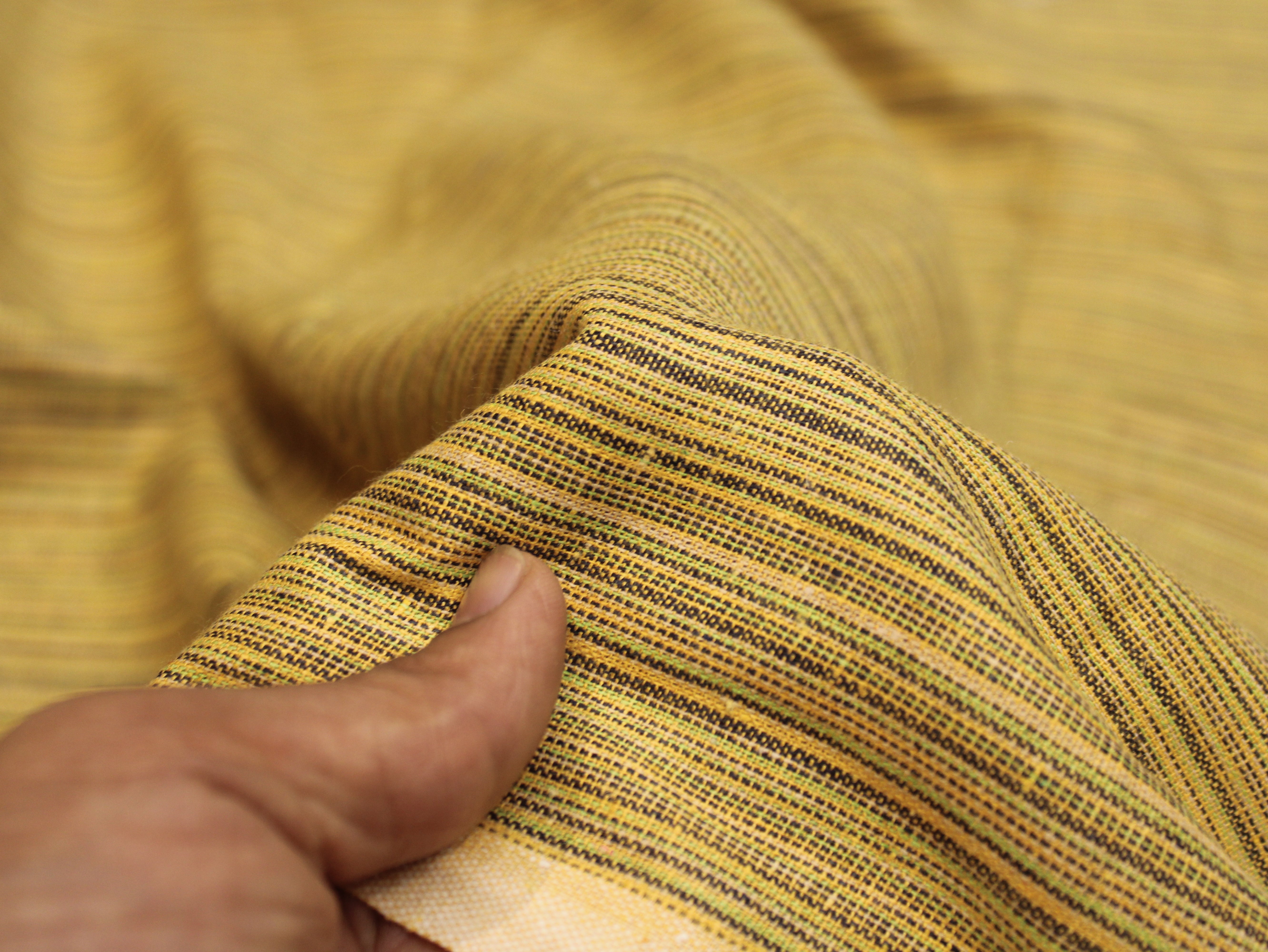 Pure Cotton Handloom Woven Fabric — Khaki-Yellow | Stripe | 58 Inch