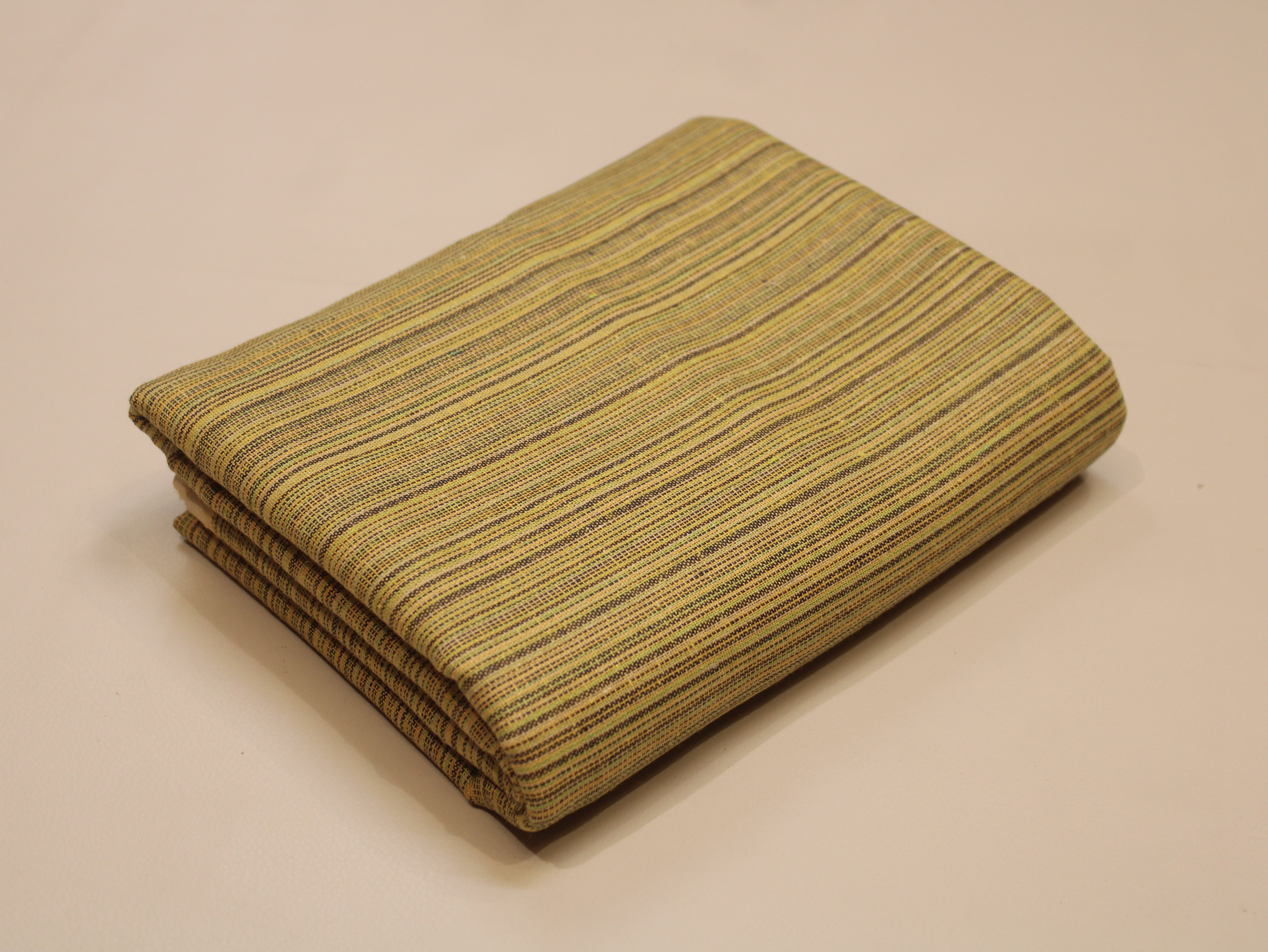 Pure Cotton Handloom Woven Fabric — Khaki-Yellow | Stripe | 58 Inch