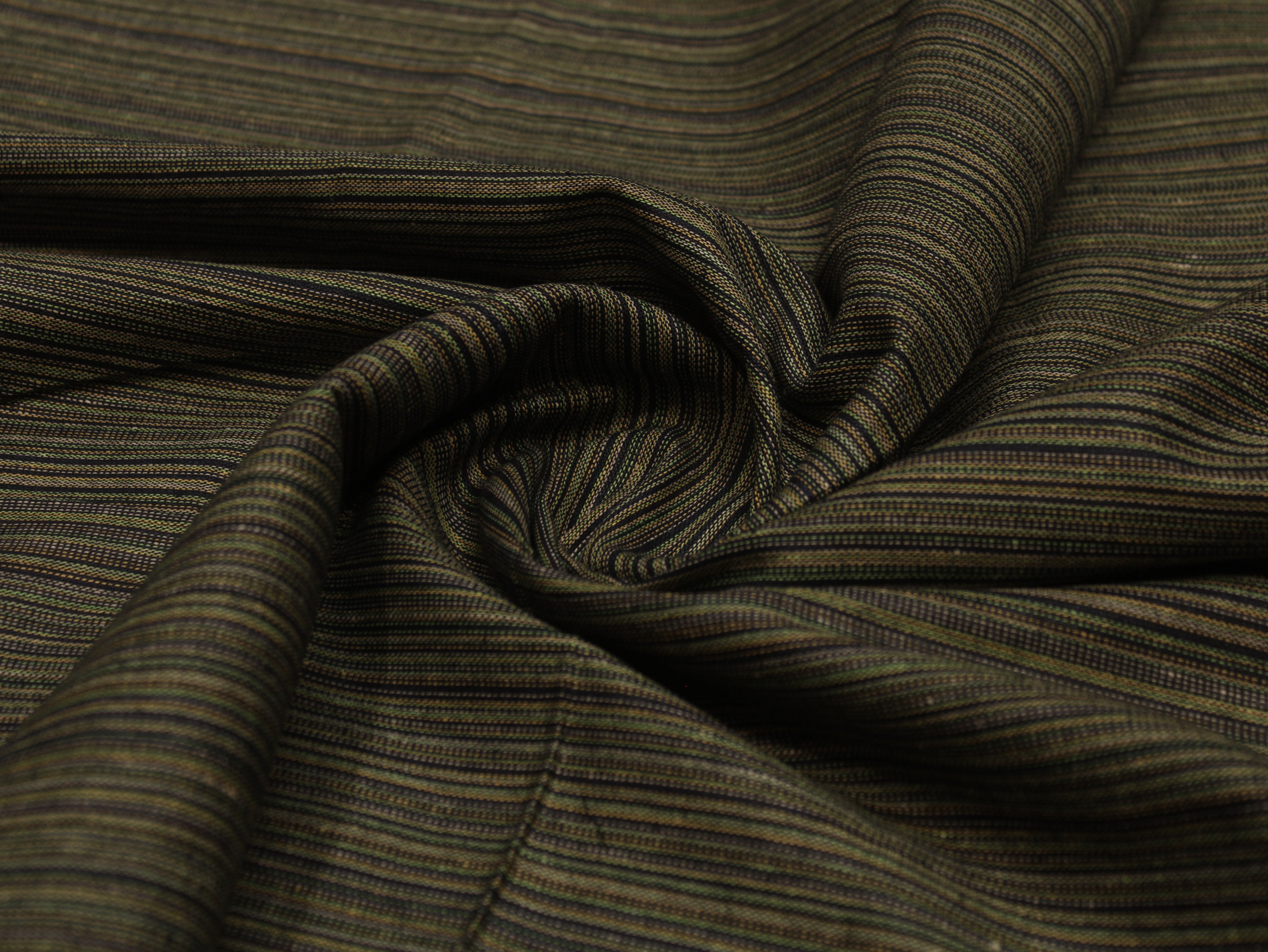 Pure Cotton Handloom Woven Fabric — Black-Olive | Stripe | 58 Inch