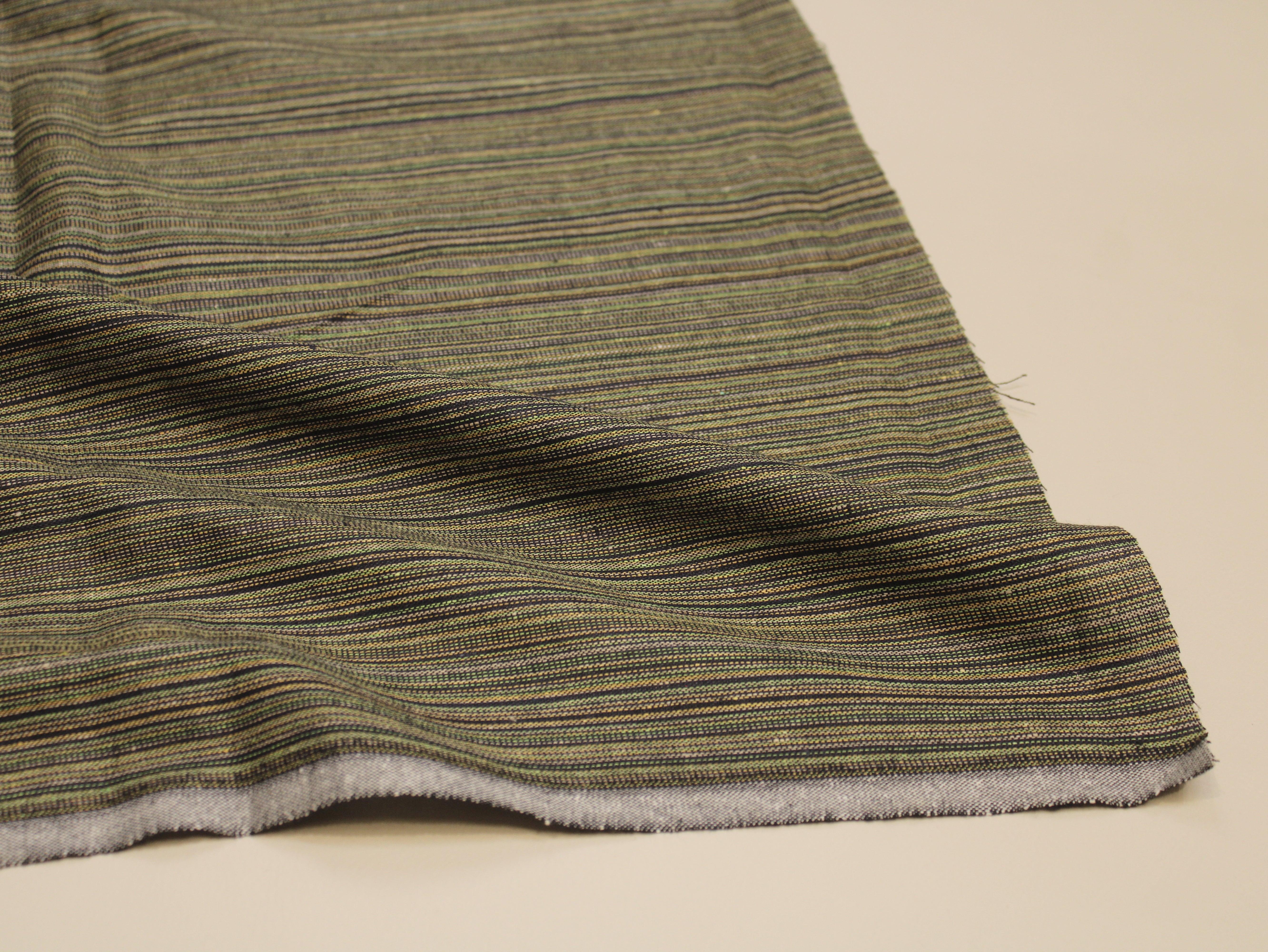 Pure Cotton Handloom Woven Fabric — Black-Olive | Stripe | 58 Inch