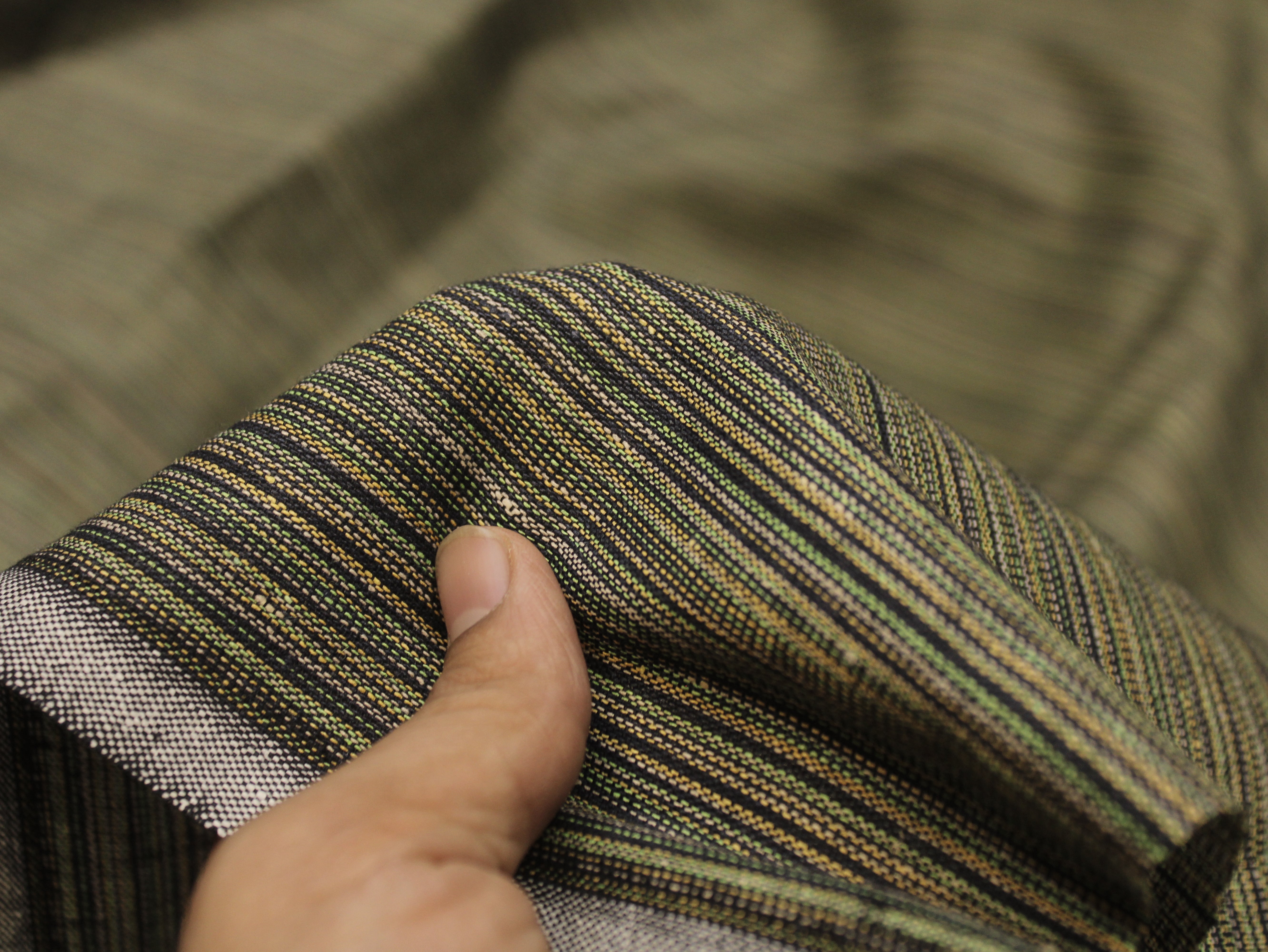 Pure Cotton Handloom Woven Fabric — Black-Olive | Stripe | 58 Inch