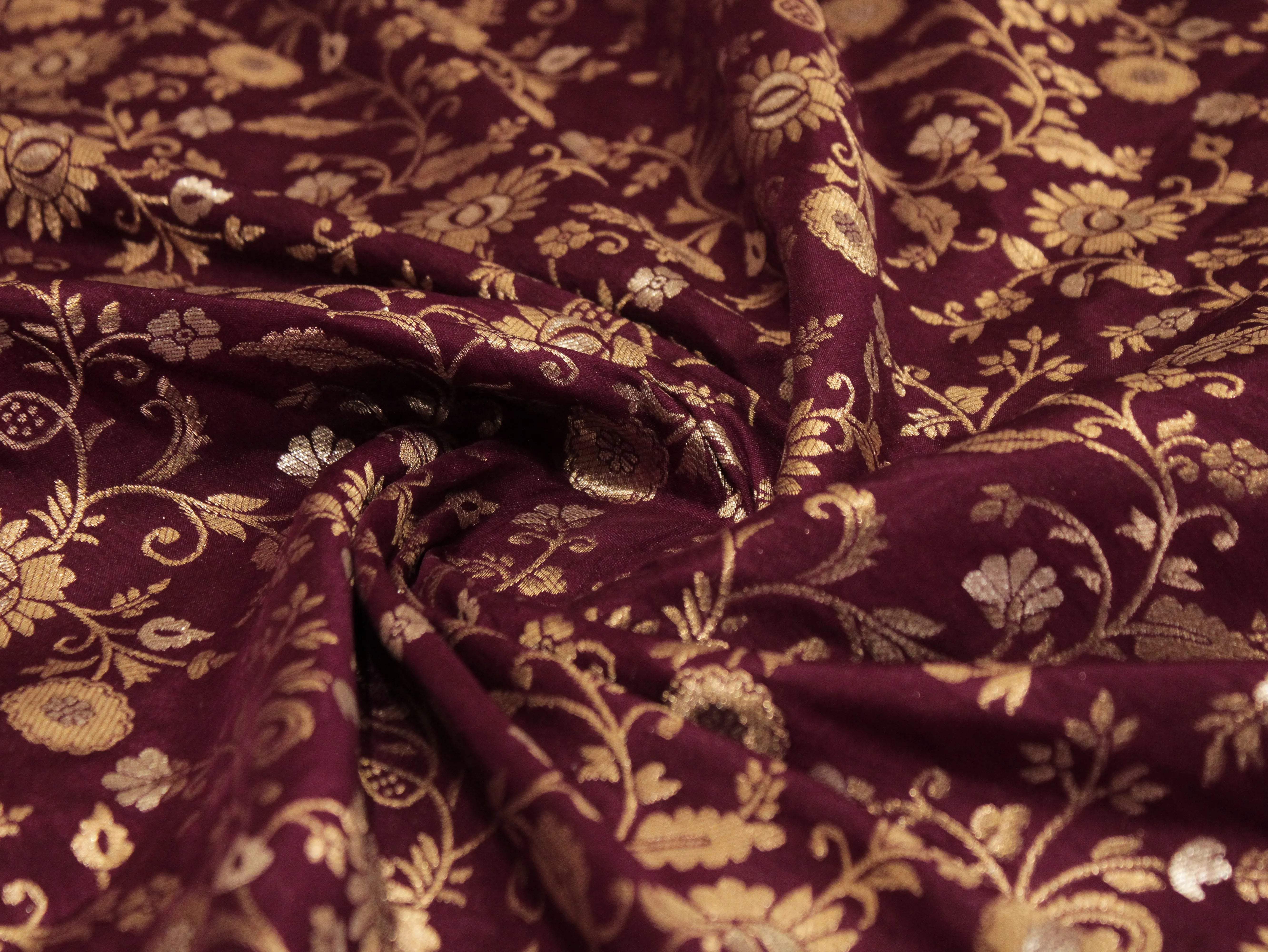 Banarasi Floral Brocade Fabric - Wine - M'Foks