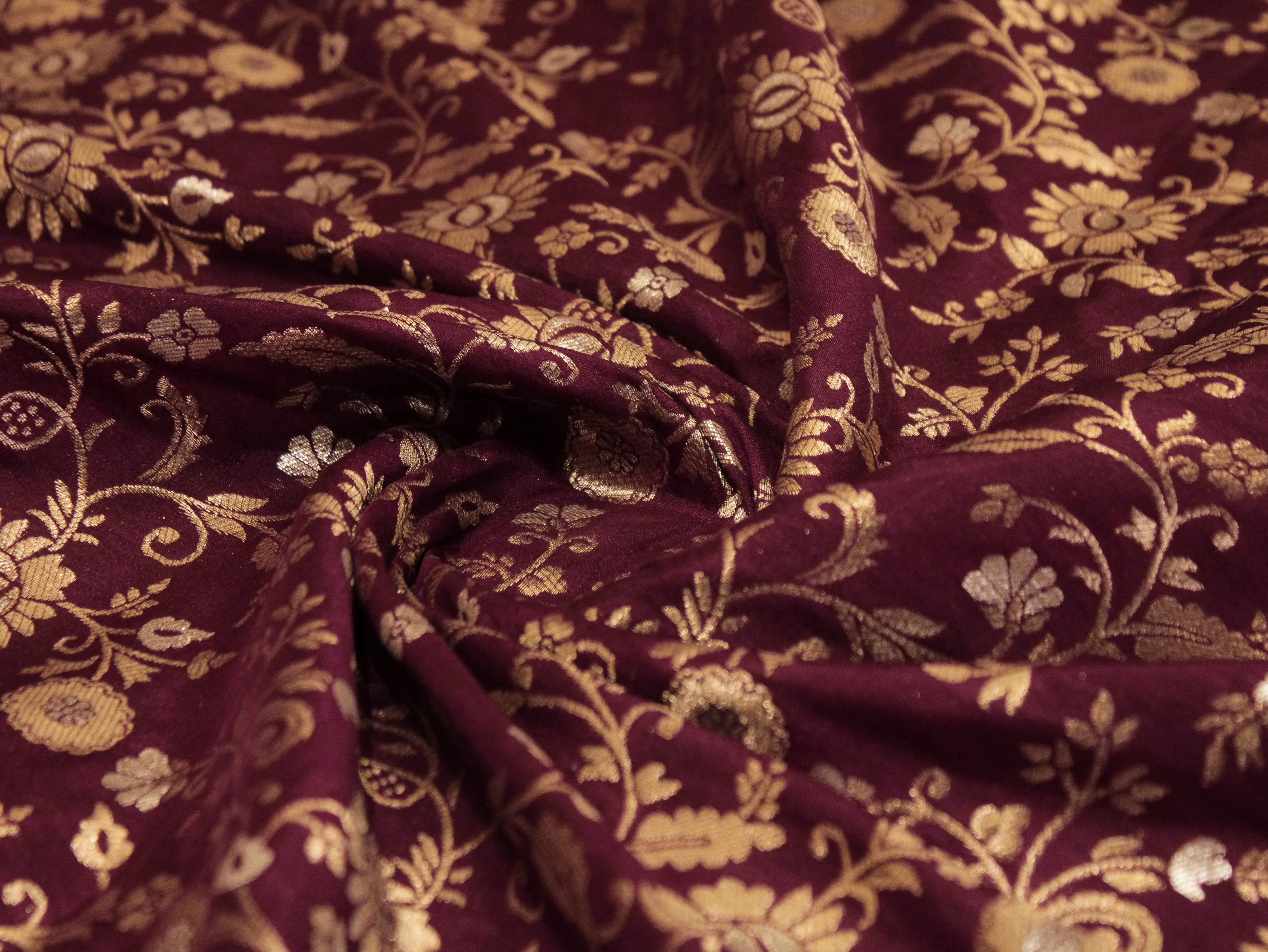 Banarasi Floral Brocade Fabric - Wine - M'Foks