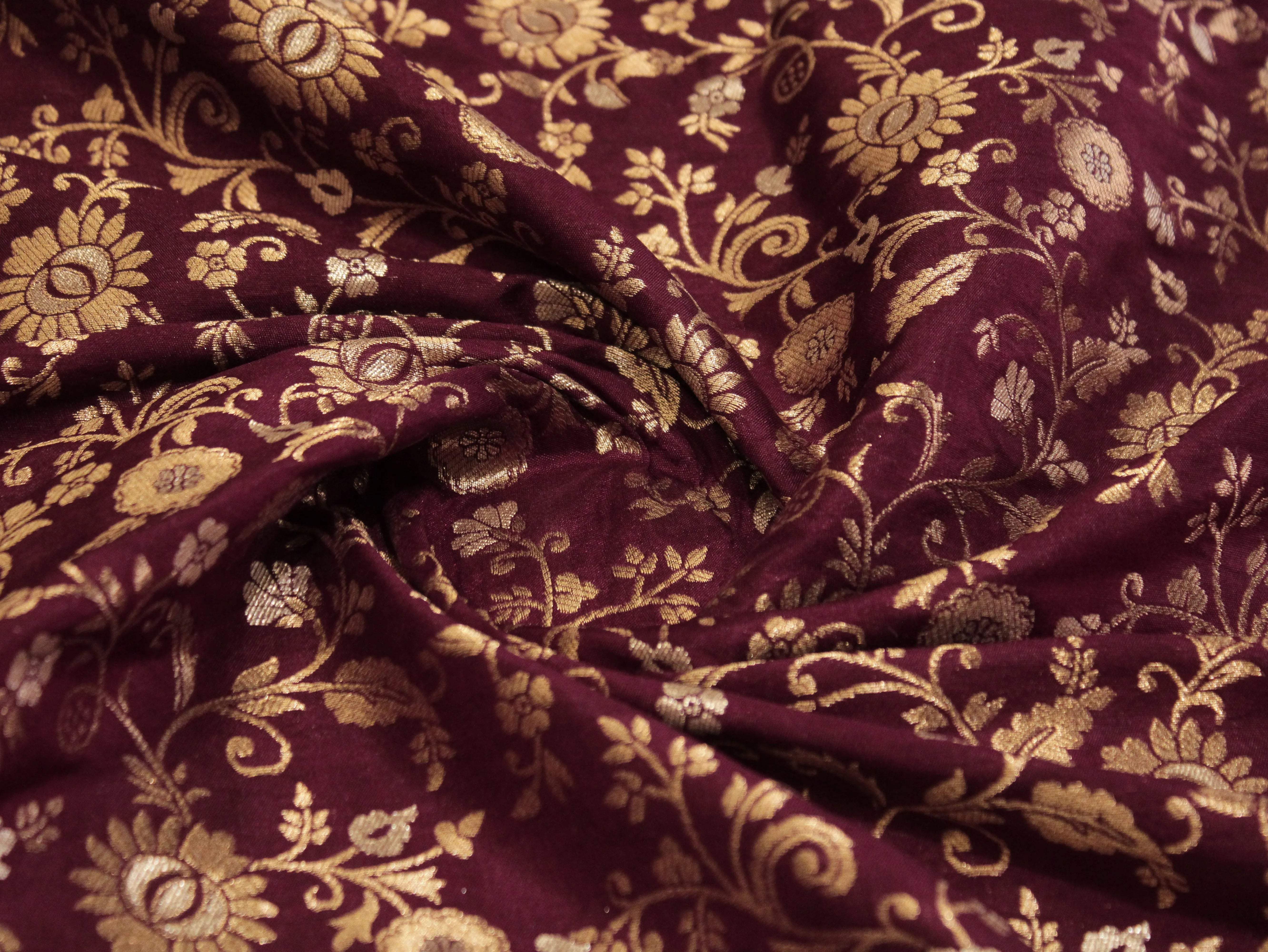 Banarasi Floral Brocade Fabric - Wine - M'Foks