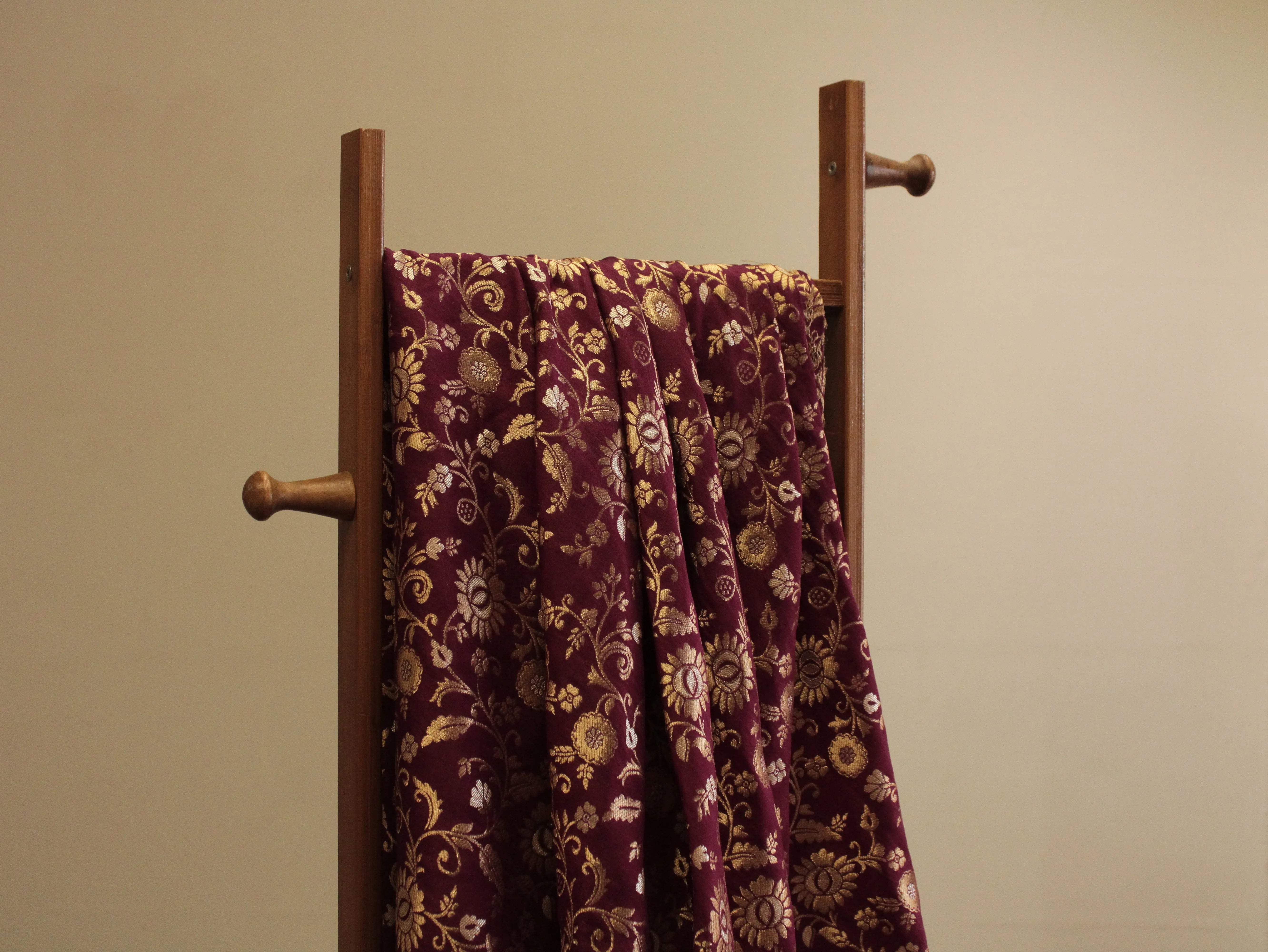Banarasi Floral Brocade Fabric - Wine - M'Foks