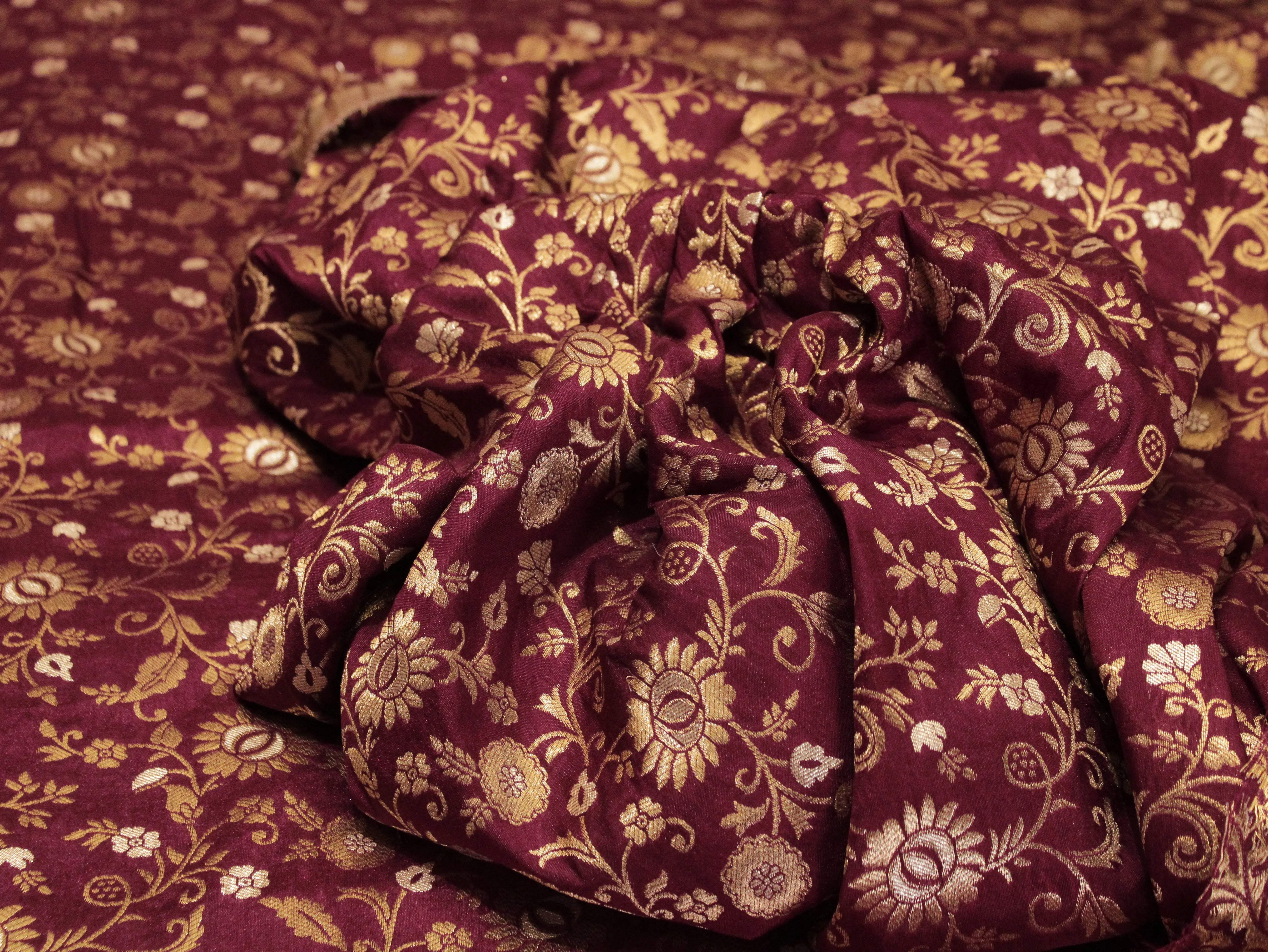 Banarasi Floral Brocade Fabric - Wine - M'Foks