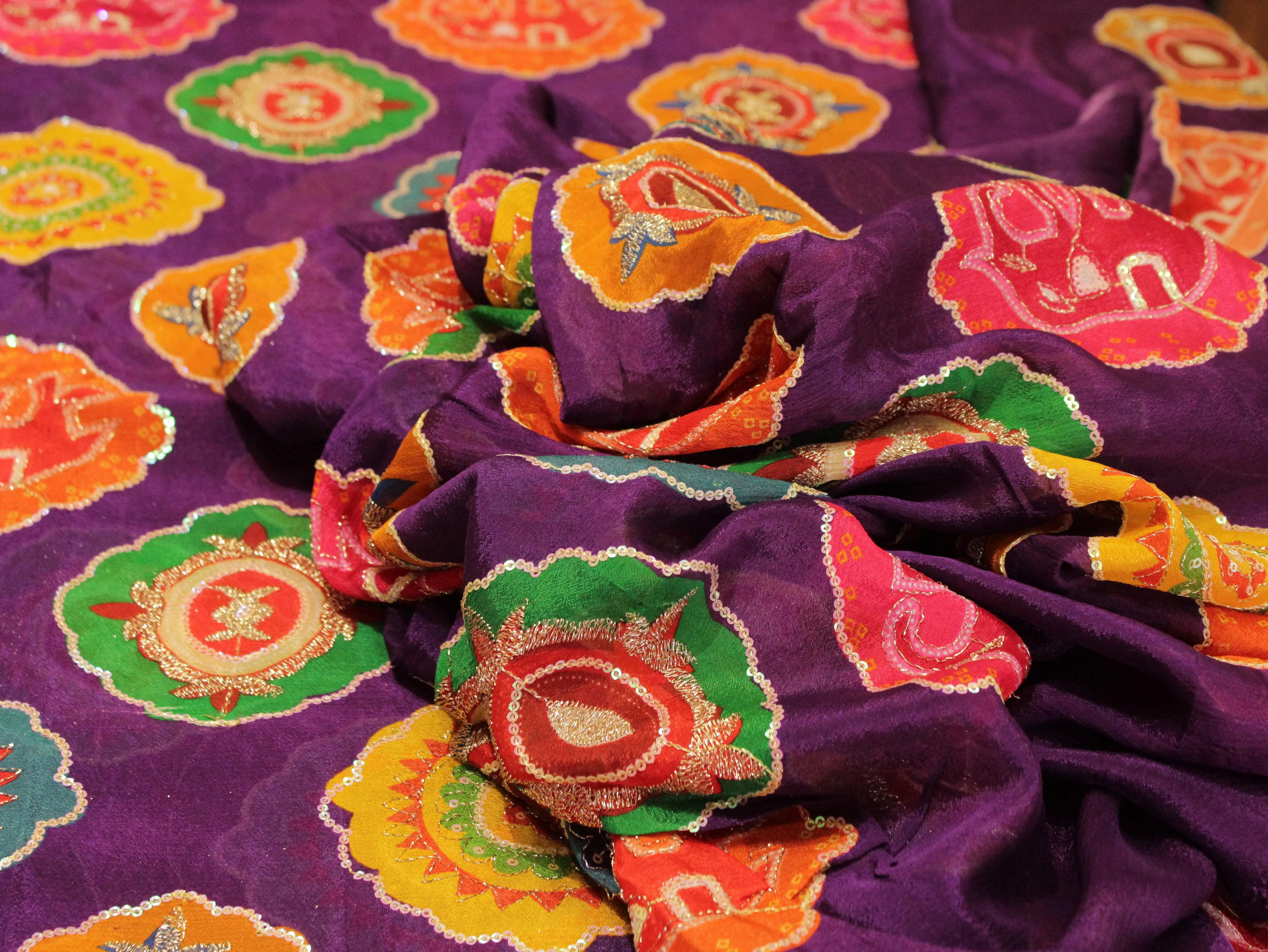 POSH : Digital Print with position work Chinon Fabric - Purple - M'Foks