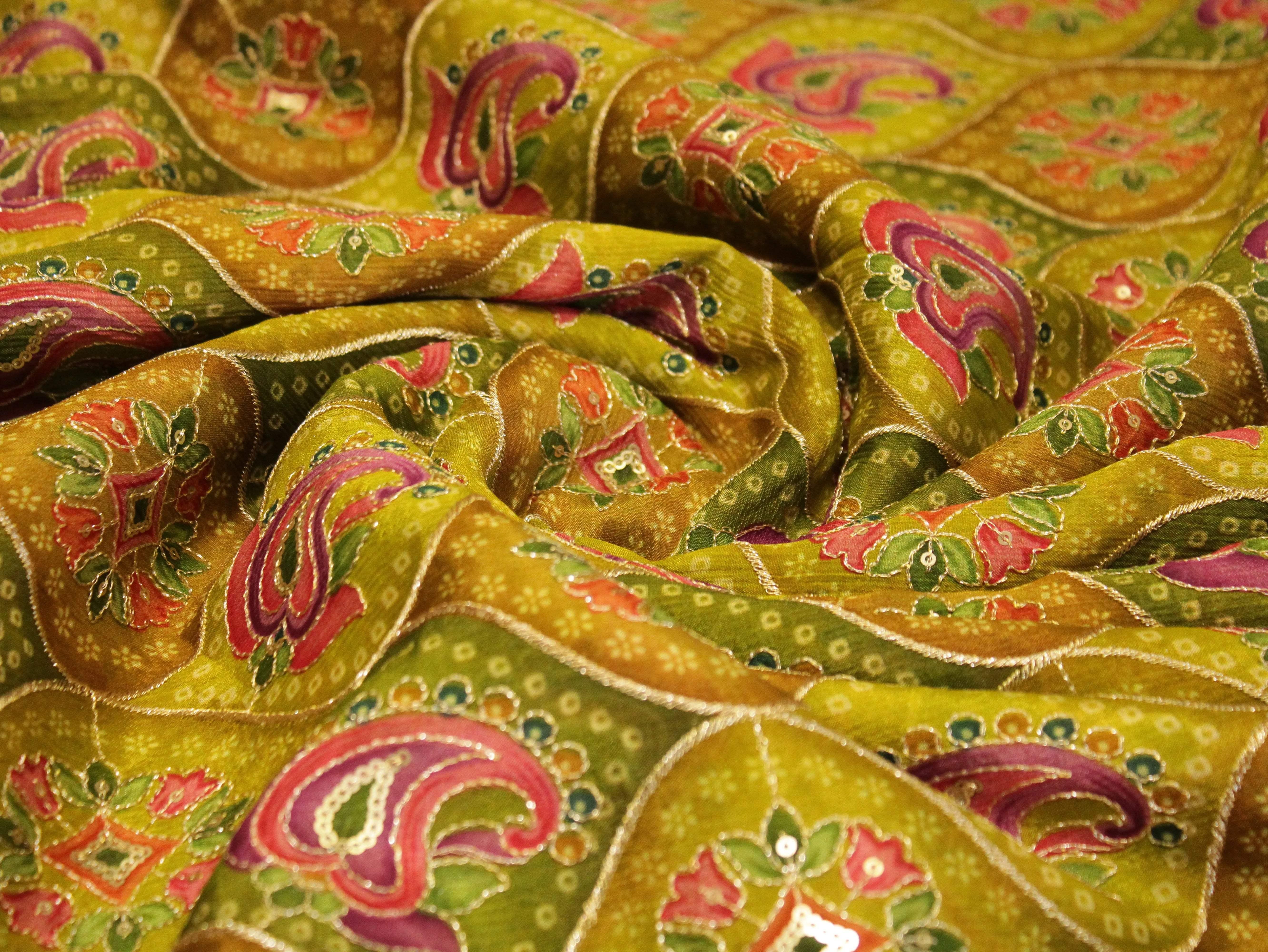 POSH : Digital Print with position work Chinon Fabric - Mehendi - M'Foks