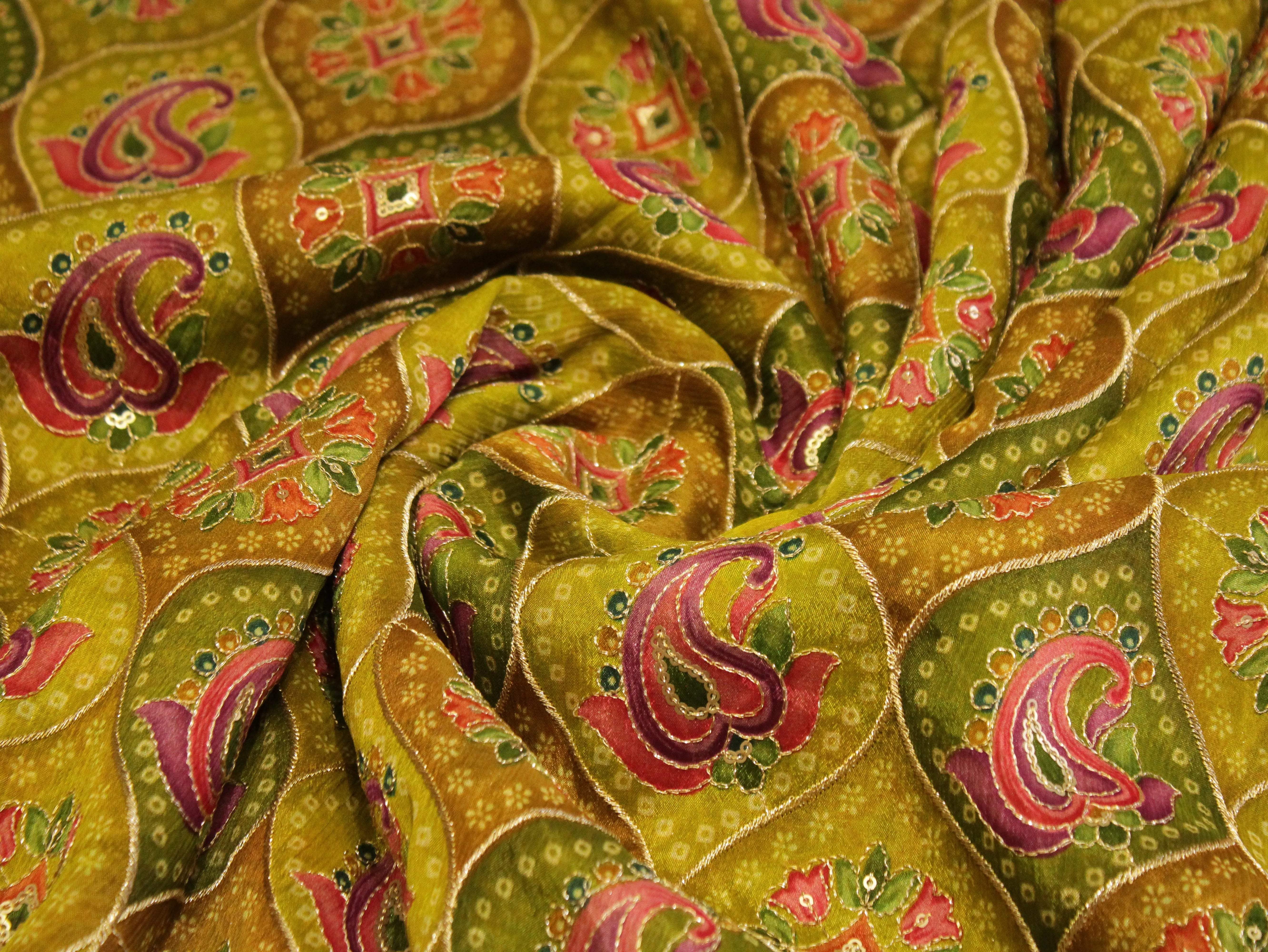 POSH : Digital Print with position work Chinon Fabric - Mehendi - M'Foks