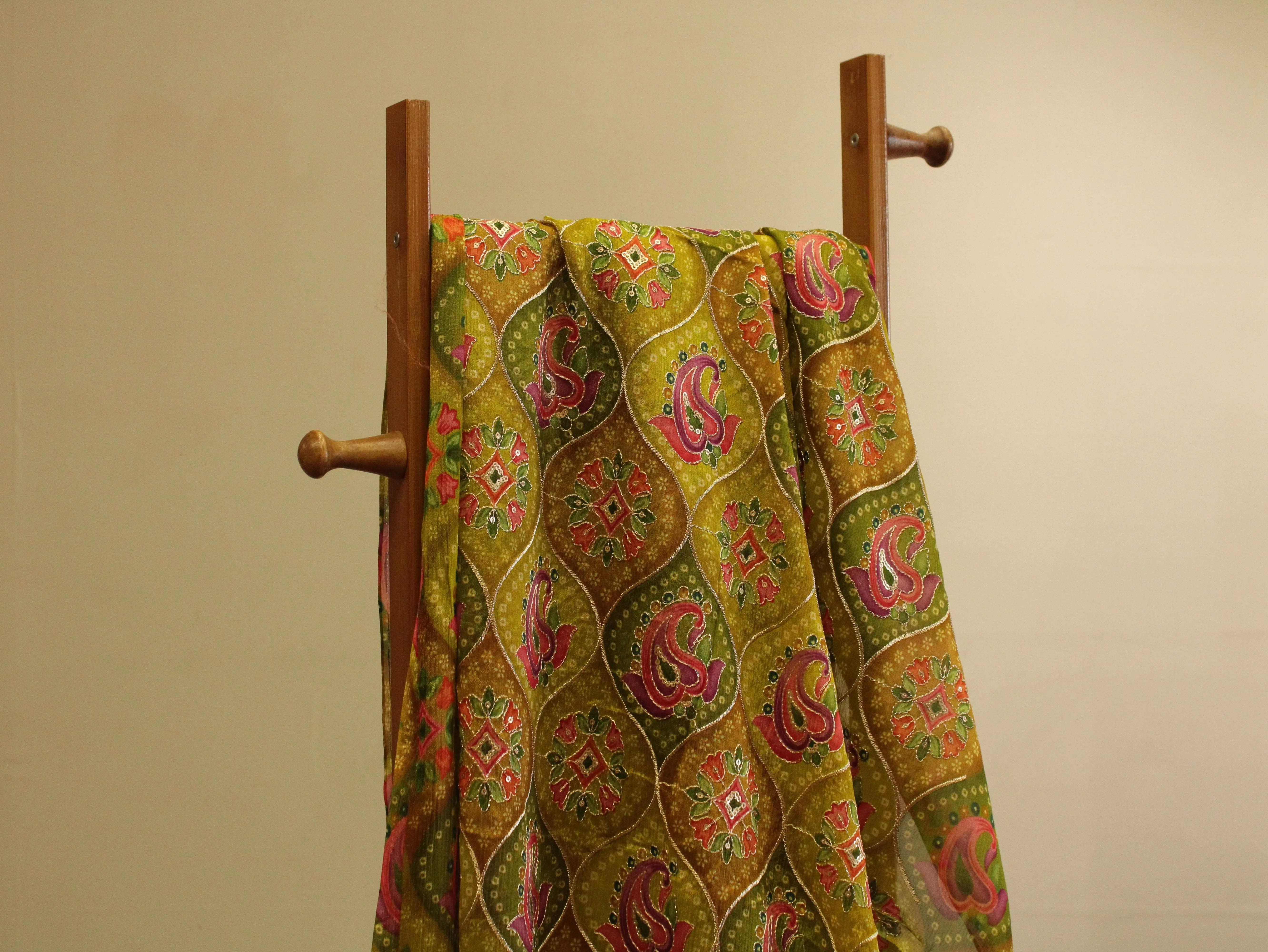 POSH : Digital Print with position work Chinon Fabric - Mehendi - M'Foks