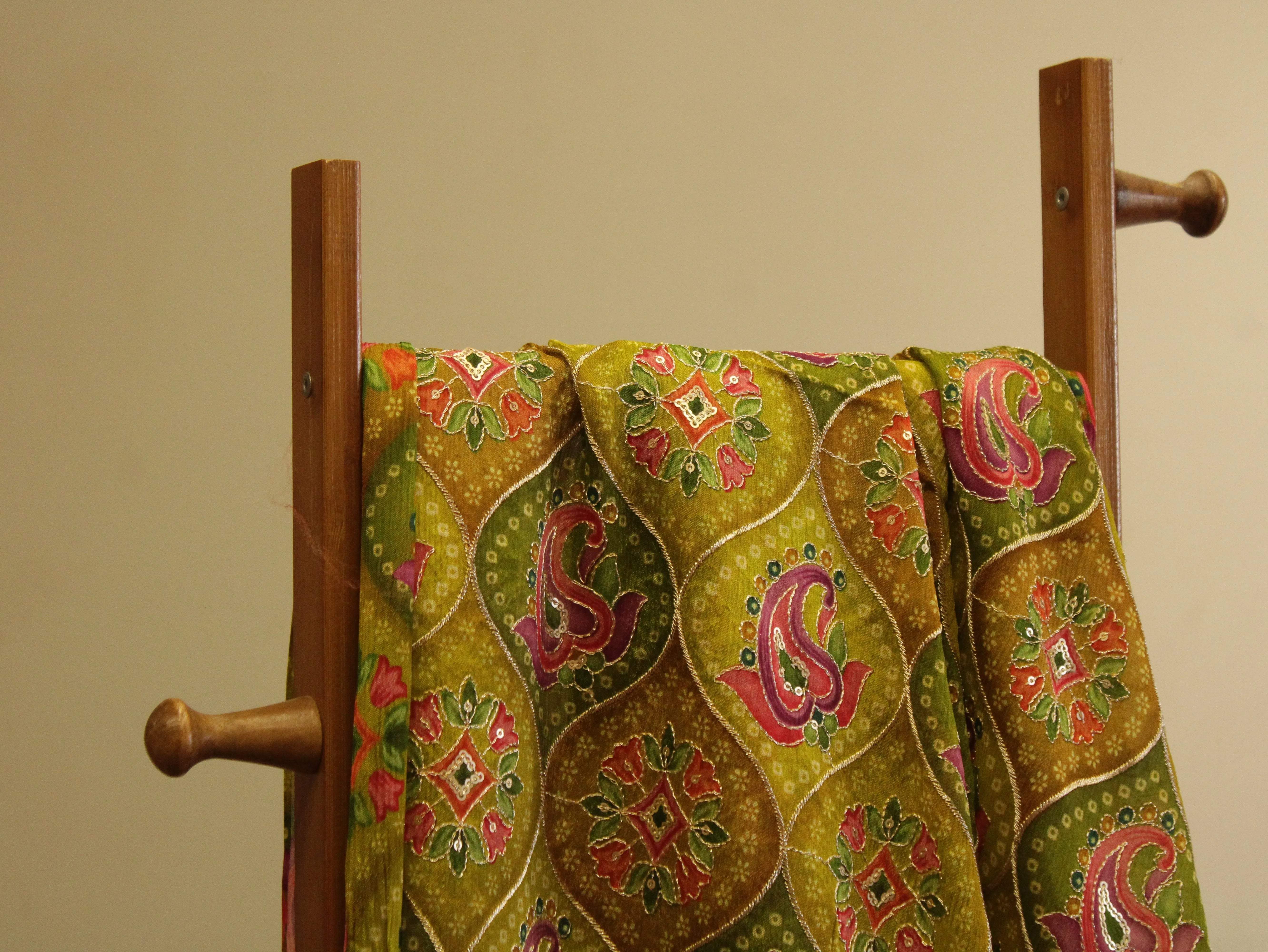 POSH : Digital Print with position work Chinon Fabric - Mehendi - M'Foks