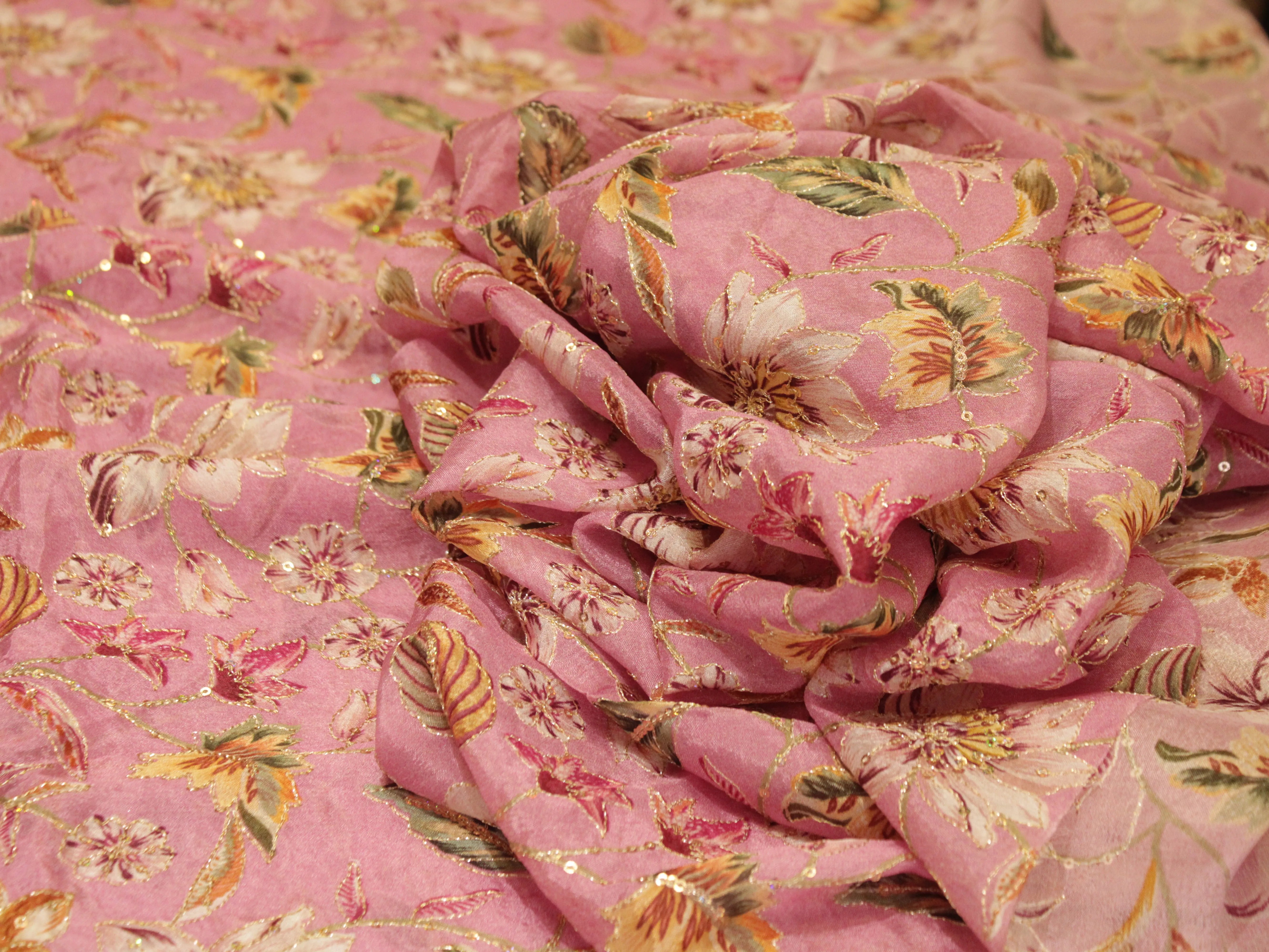 POSH : Digital Print with position work Chinon Fabric - Pink