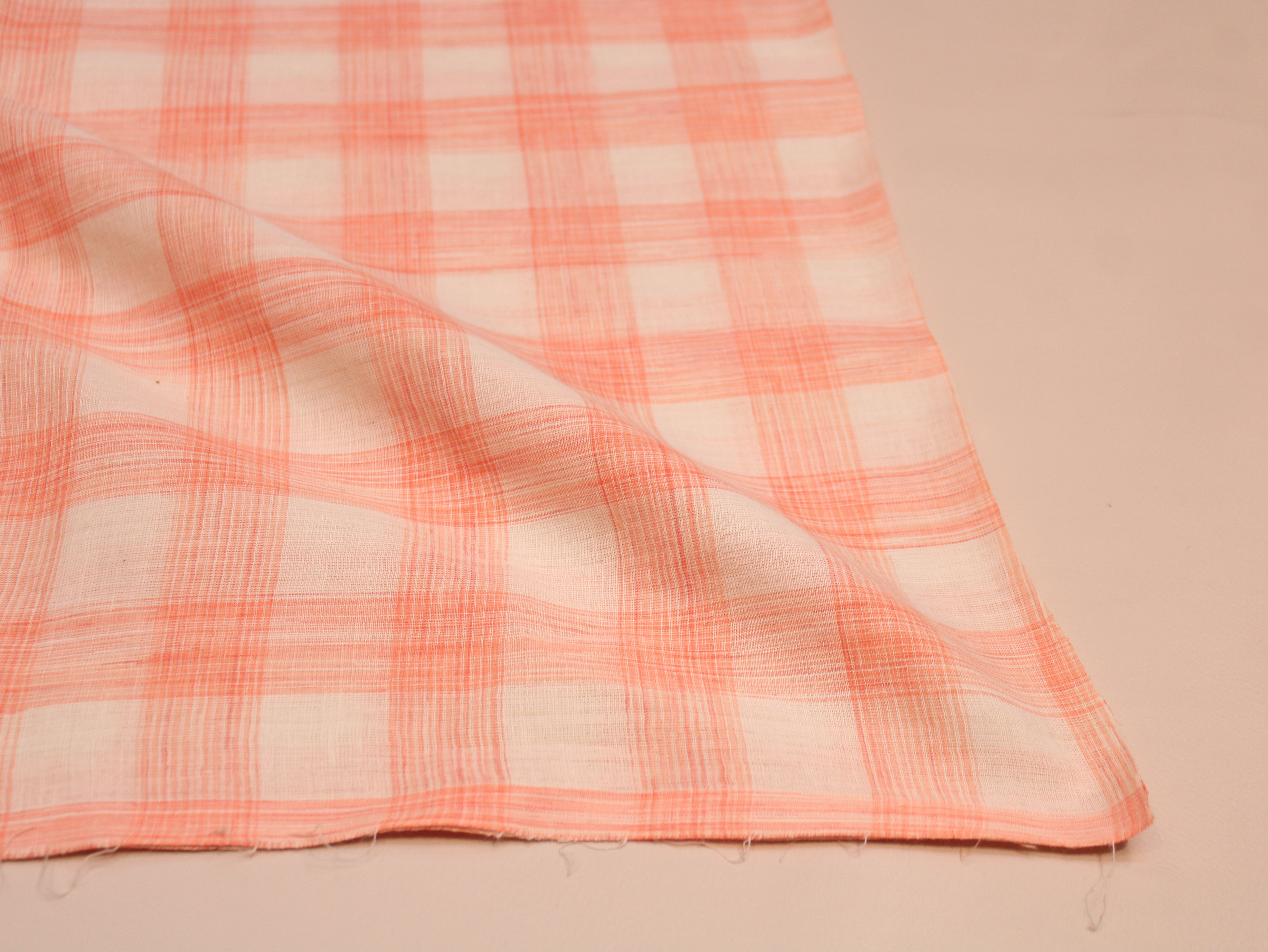 Pure Cotton Handloom Gingham Check Fabric 44 Inch | Box Check Handwoven Fabric - Coral & White