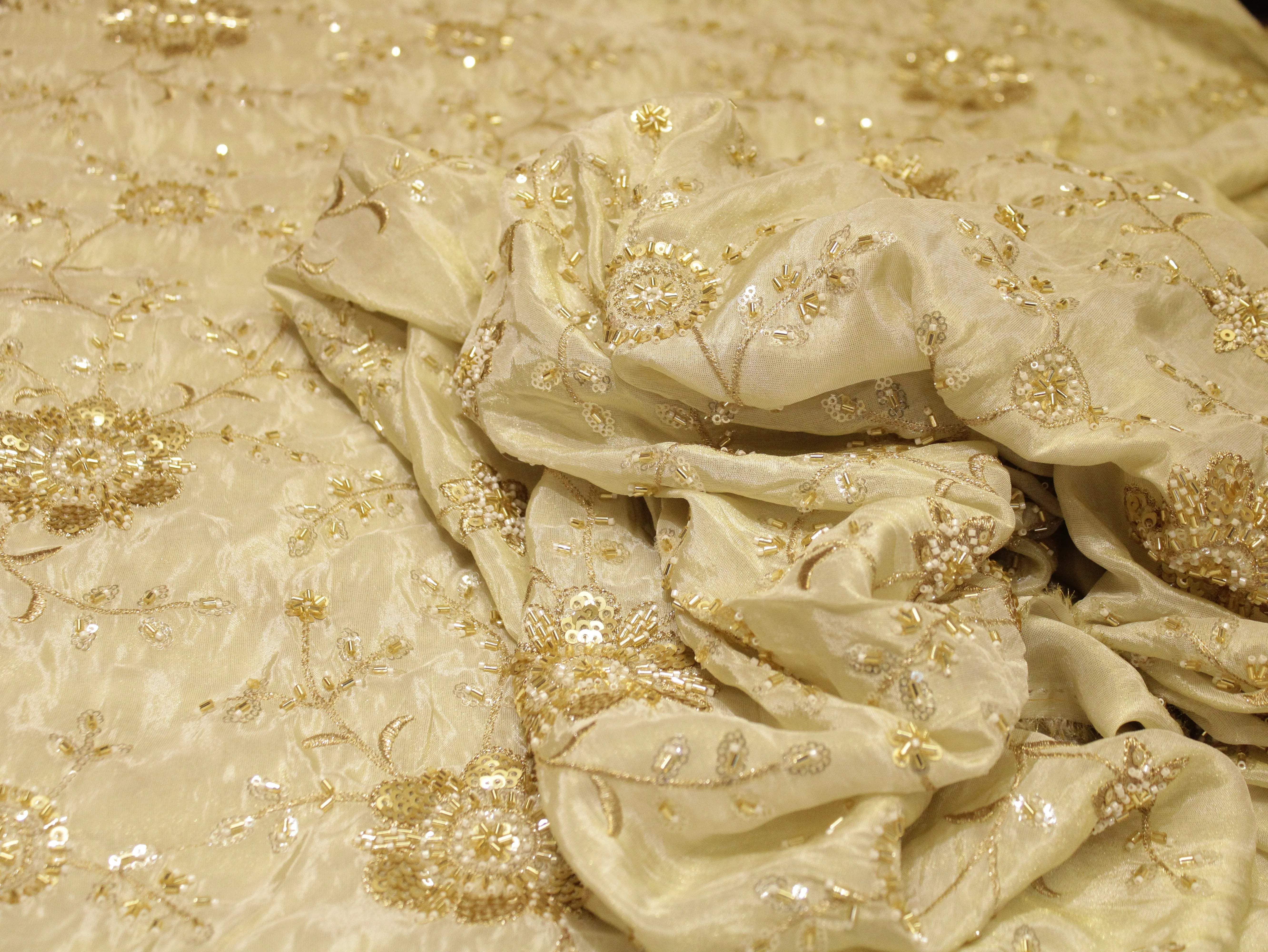 Ivory : Handcrafted Pearl Work Fabric by M'foks - M'Foks