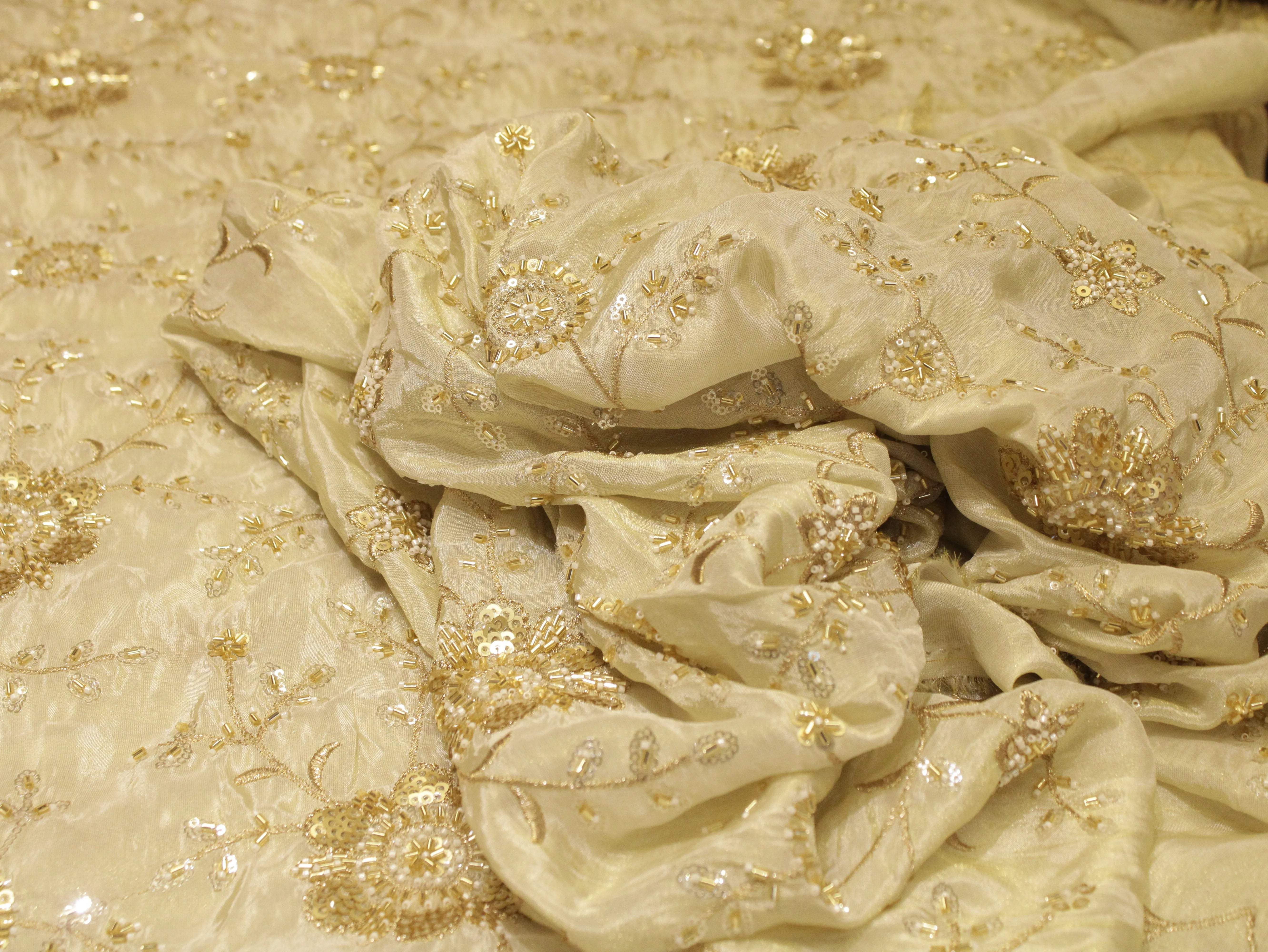 Ivory : Handcrafted Pearl Work Fabric by M'foks - M'Foks