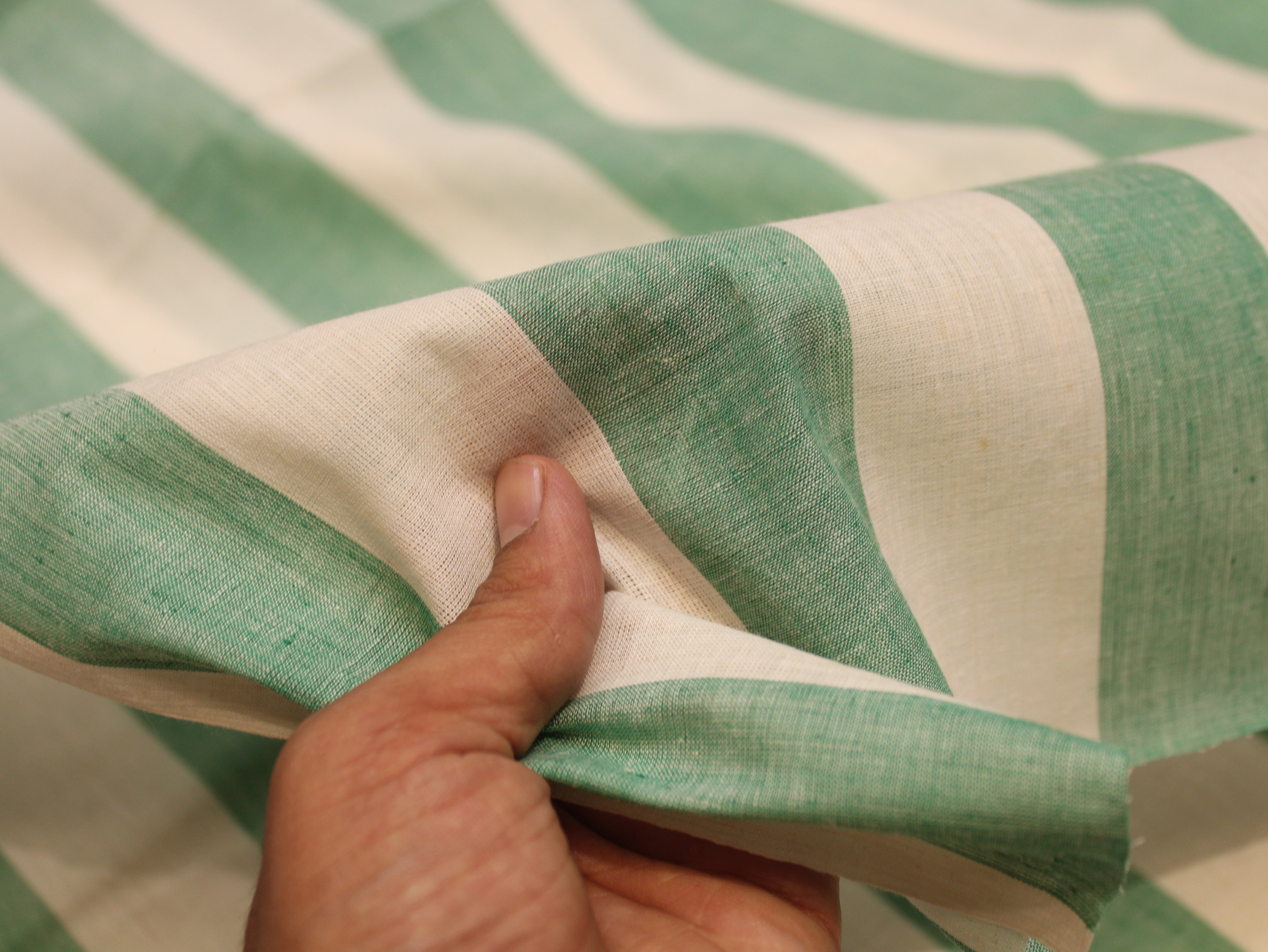 Pure Cotton Handloom Striped Fabric 44 Inch | Yarn-Dyed Wide Stripe Handwoven - Green & White
