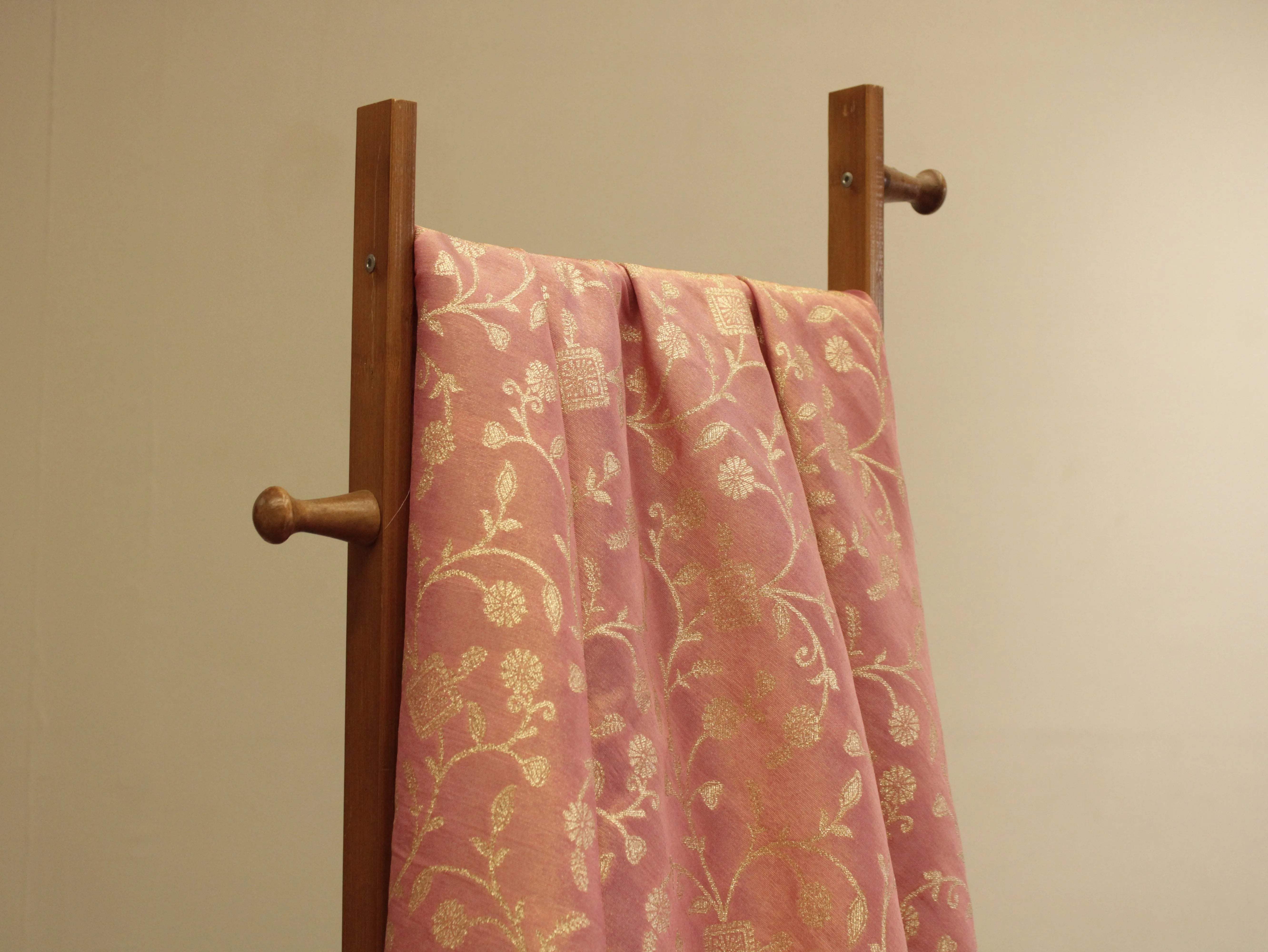 Premium Zari Jaal Woven Banarasi Tissue Fabric - Peach - M'Foks