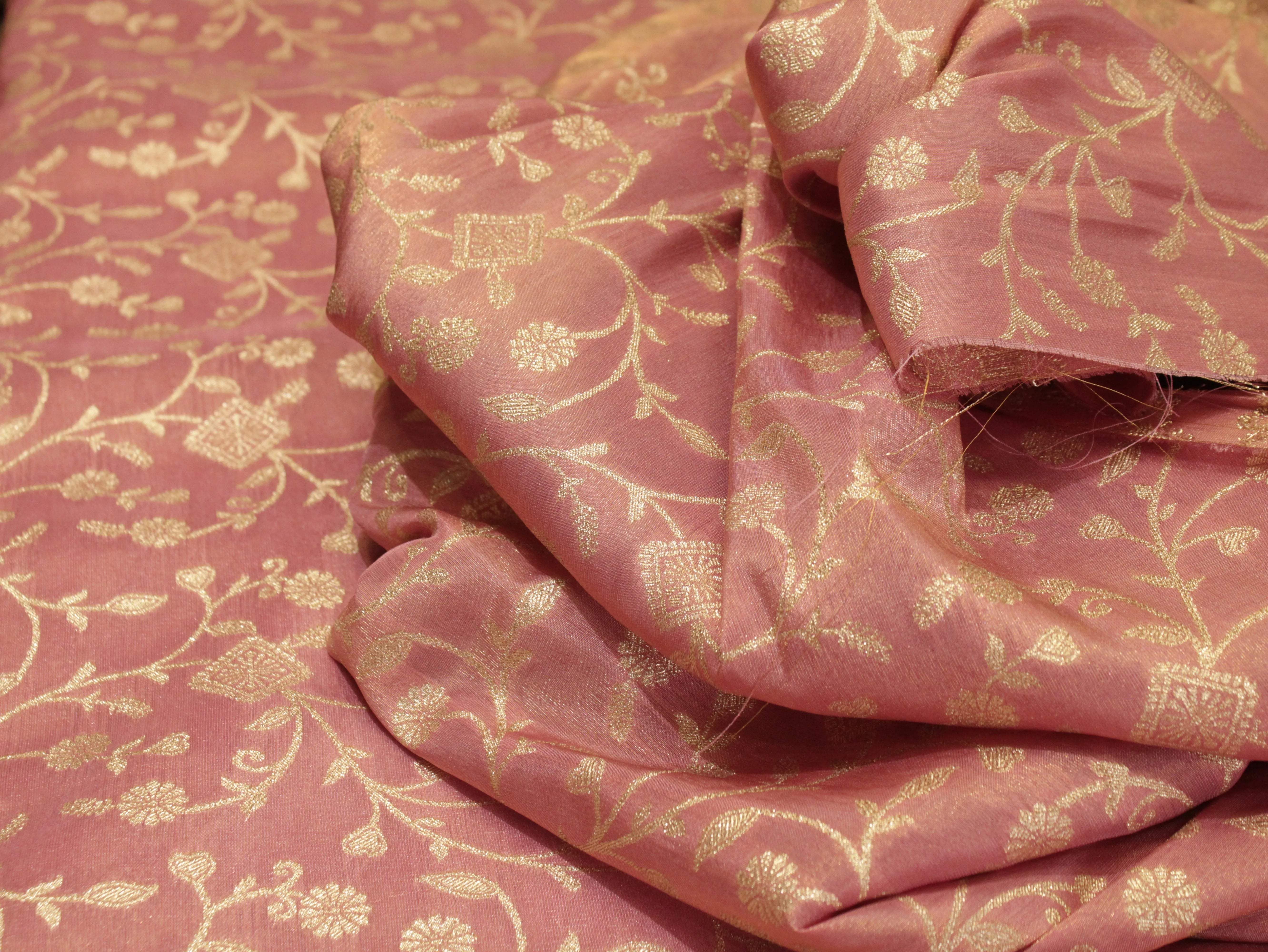 Premium Zari Jaal Woven Banarasi Tissue Fabric - Peach - M'Foks