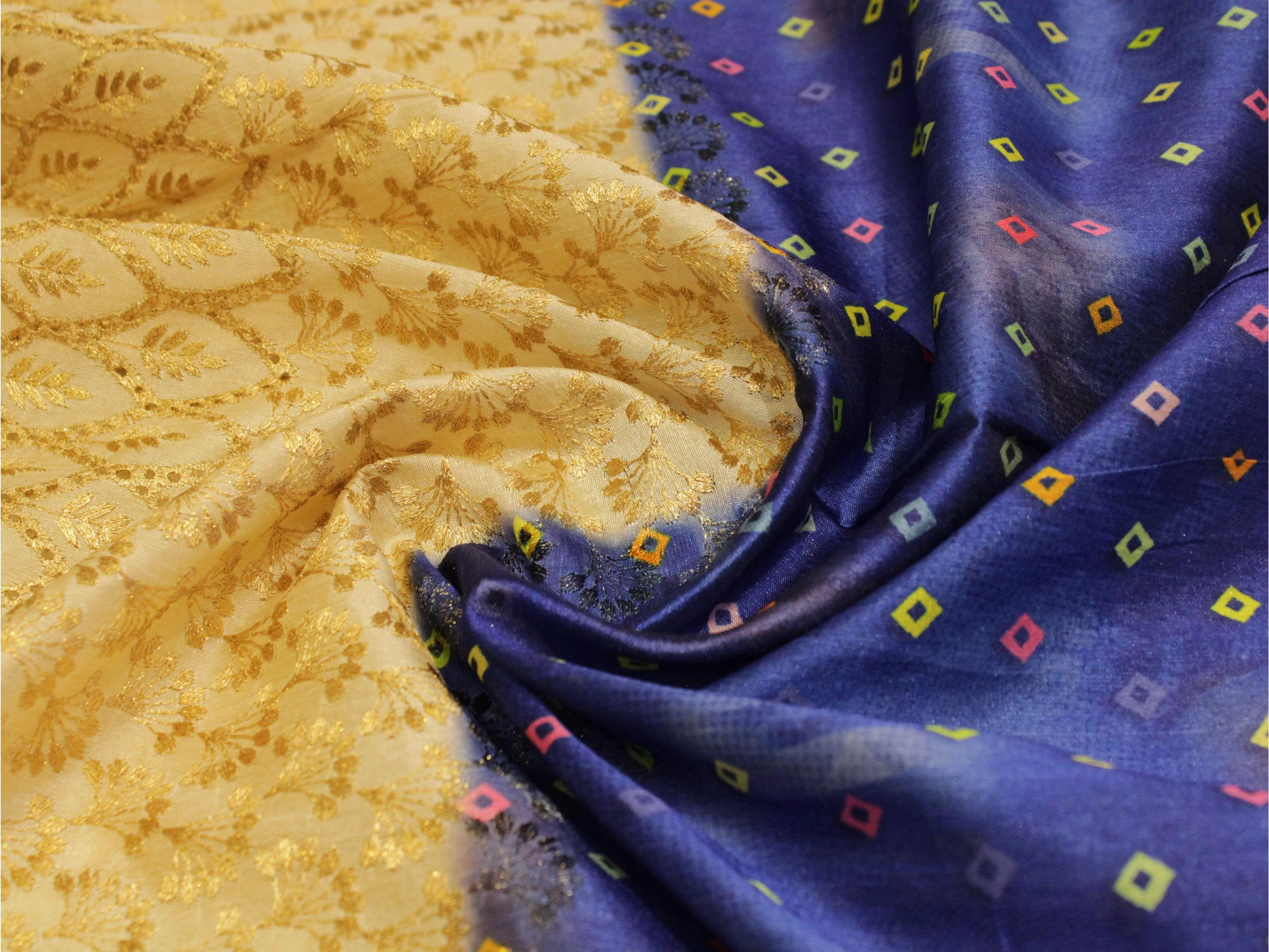Digital Printed Silk-Texture Fabric with Panel Zari Embroidery