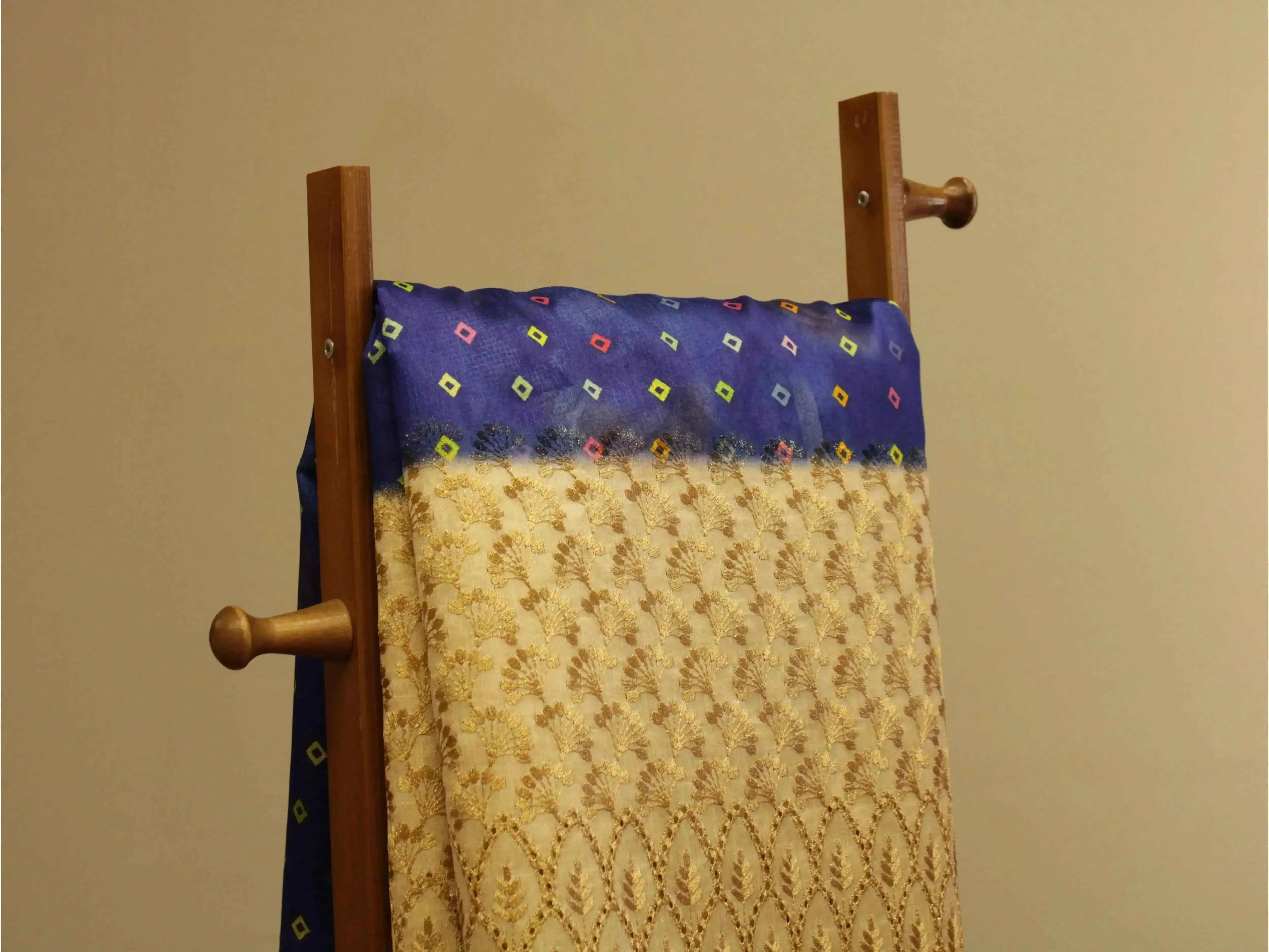 Digital Printed Silk-Texture Fabric with Panel Zari Embroidery