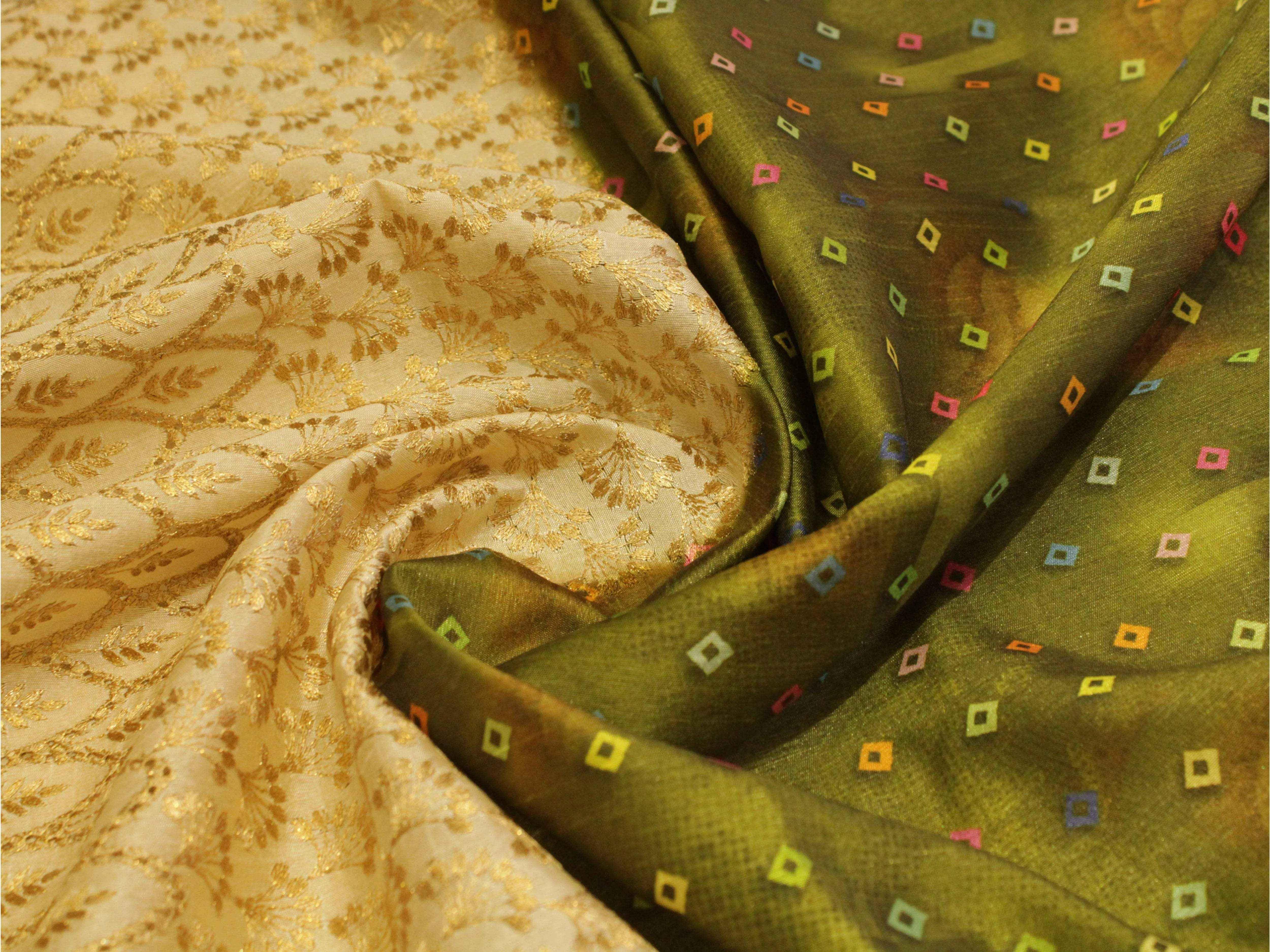 Digital Printed Silk-Texture Fabric with Panel Zari Embroidery