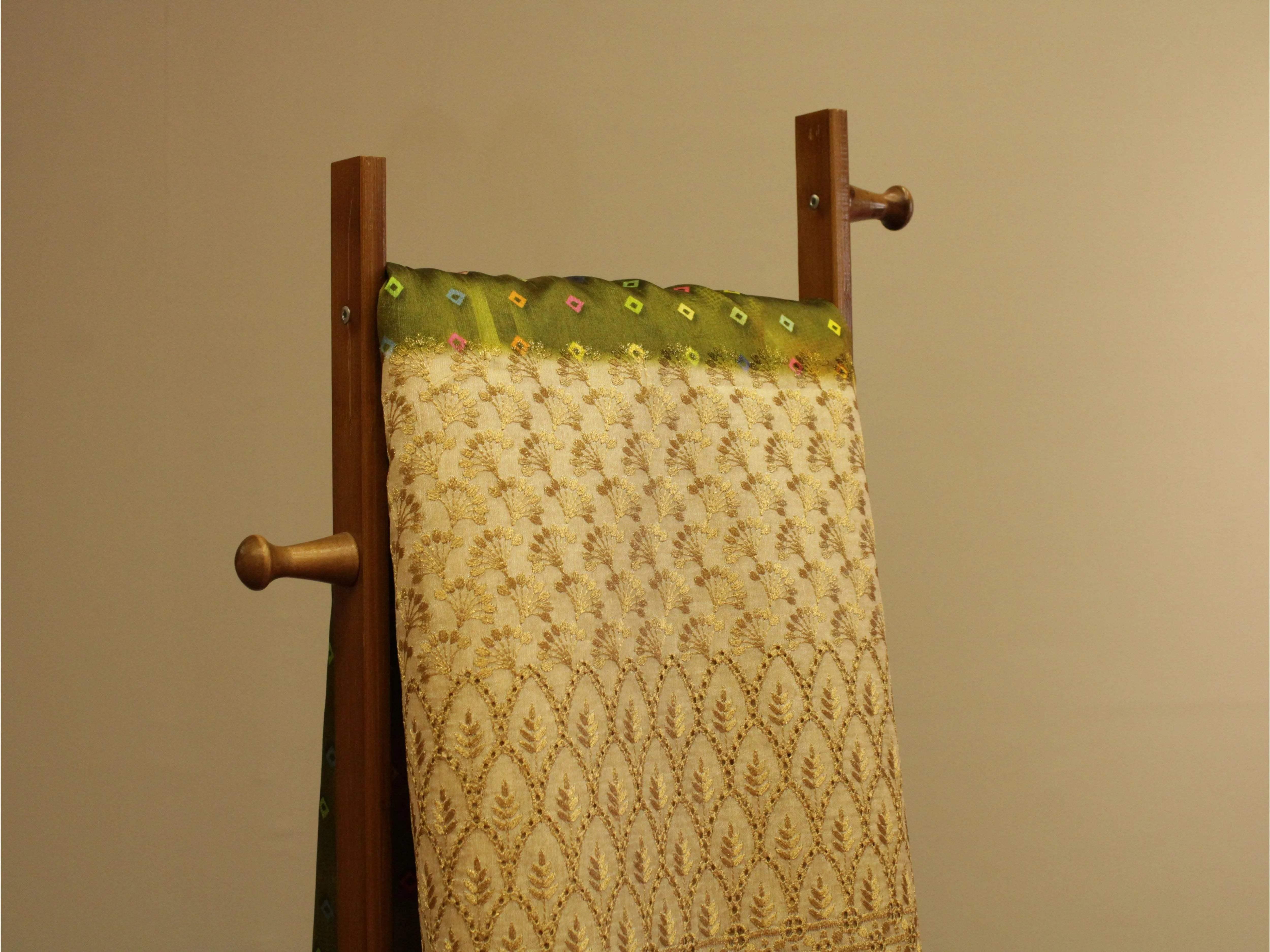Digital Printed Silk-Texture Fabric with Panel Zari Embroidery