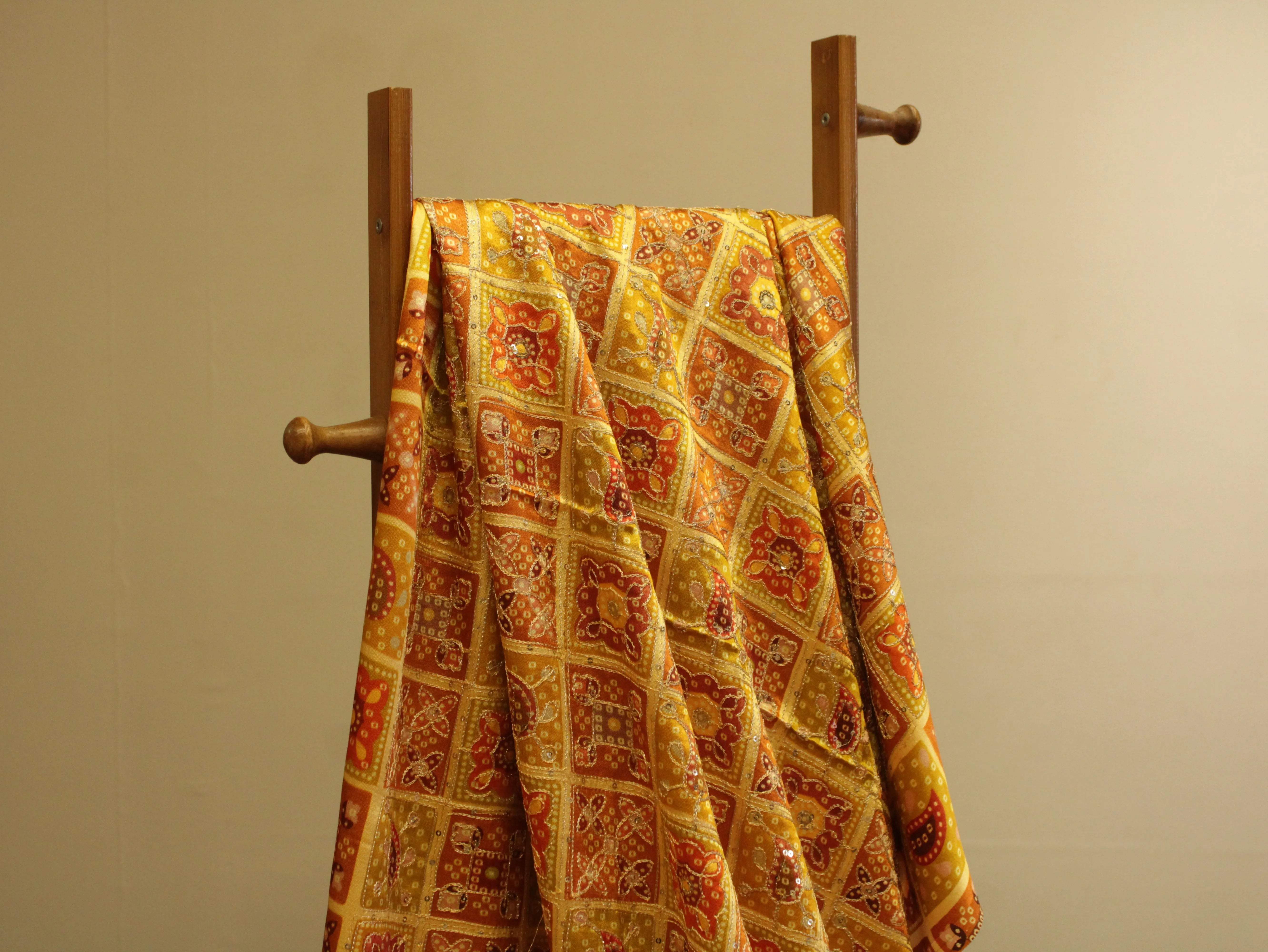 Gaji : Vintage Bandhani Position Work Fabric - Yellow - M'Foks