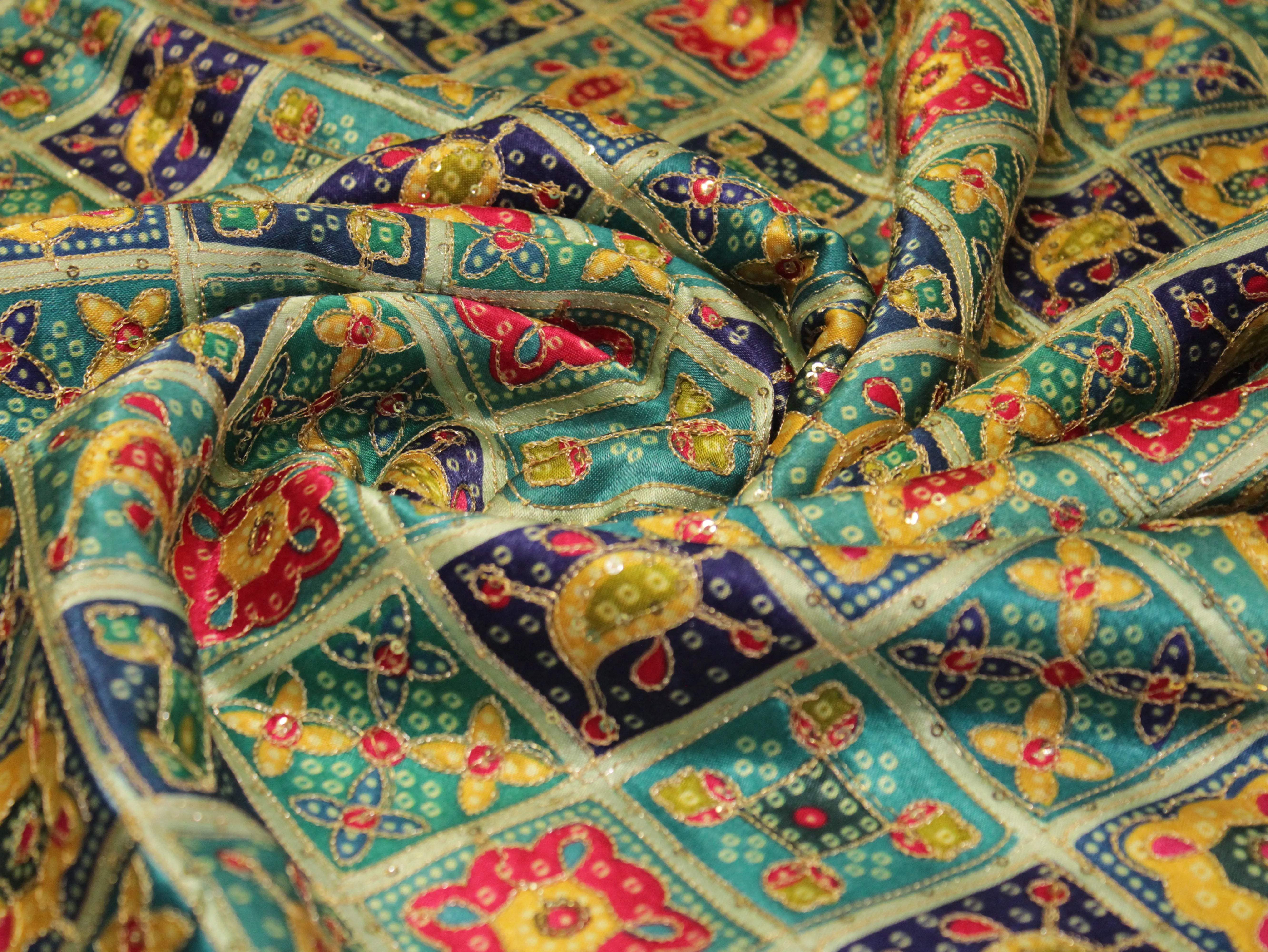 Gaji : Vintage Bandhani Position Work Fabric - Sea Green - M'Foks