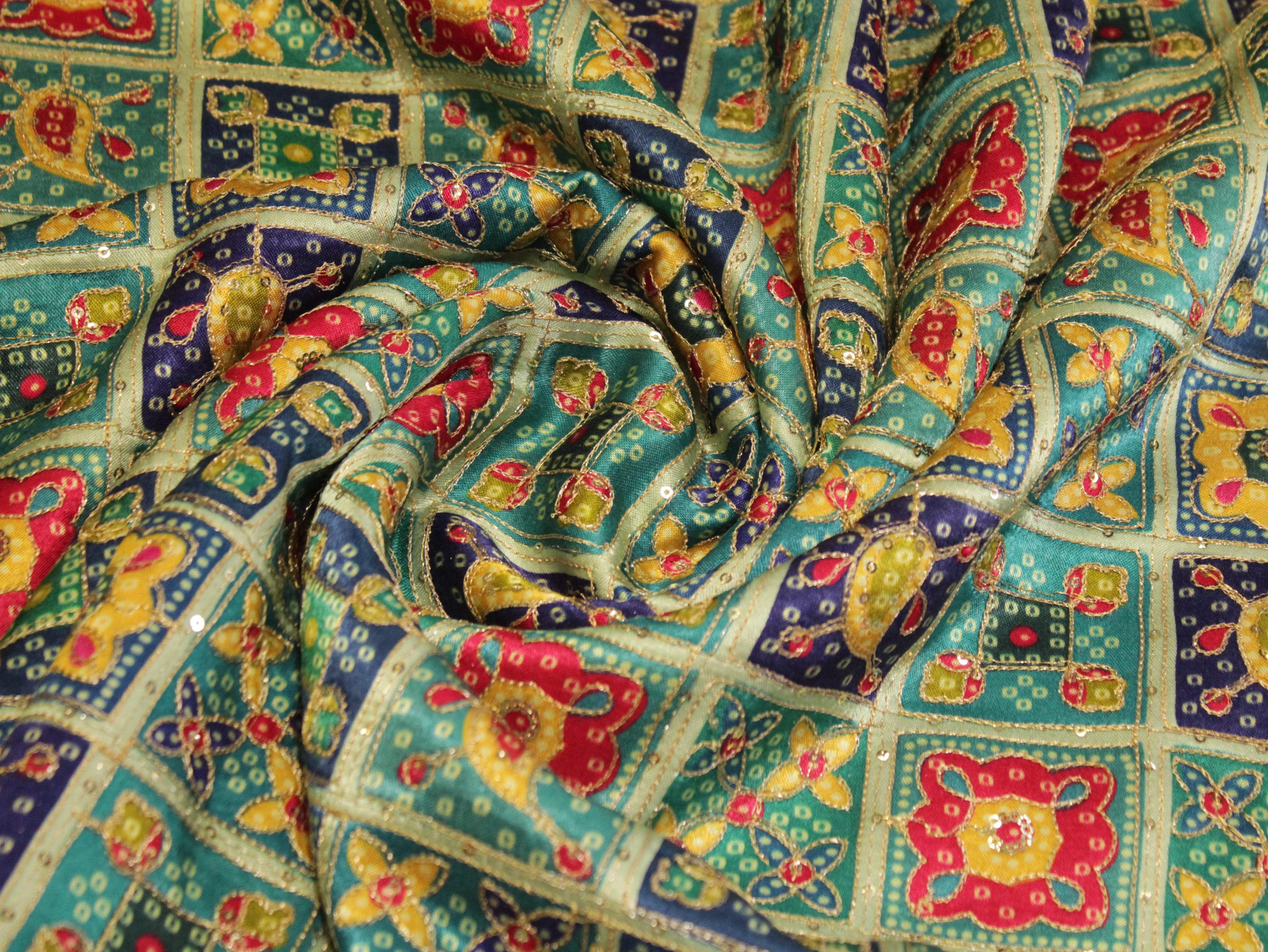 Gaji : Vintage Bandhani Position Work Fabric - Sea Green - M'Foks