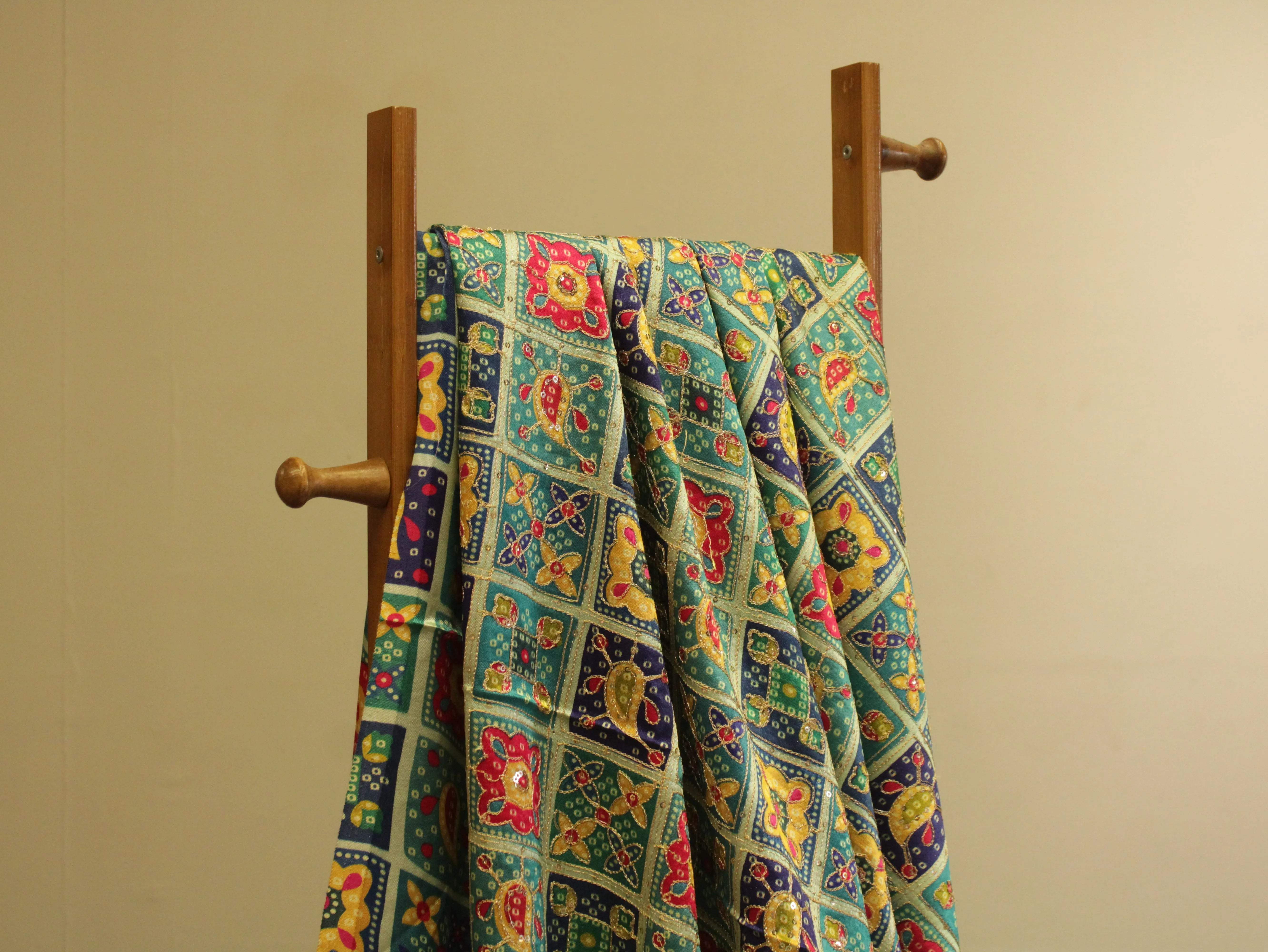 Gaji : Vintage Bandhani Position Work Fabric - Sea Green - M'Foks