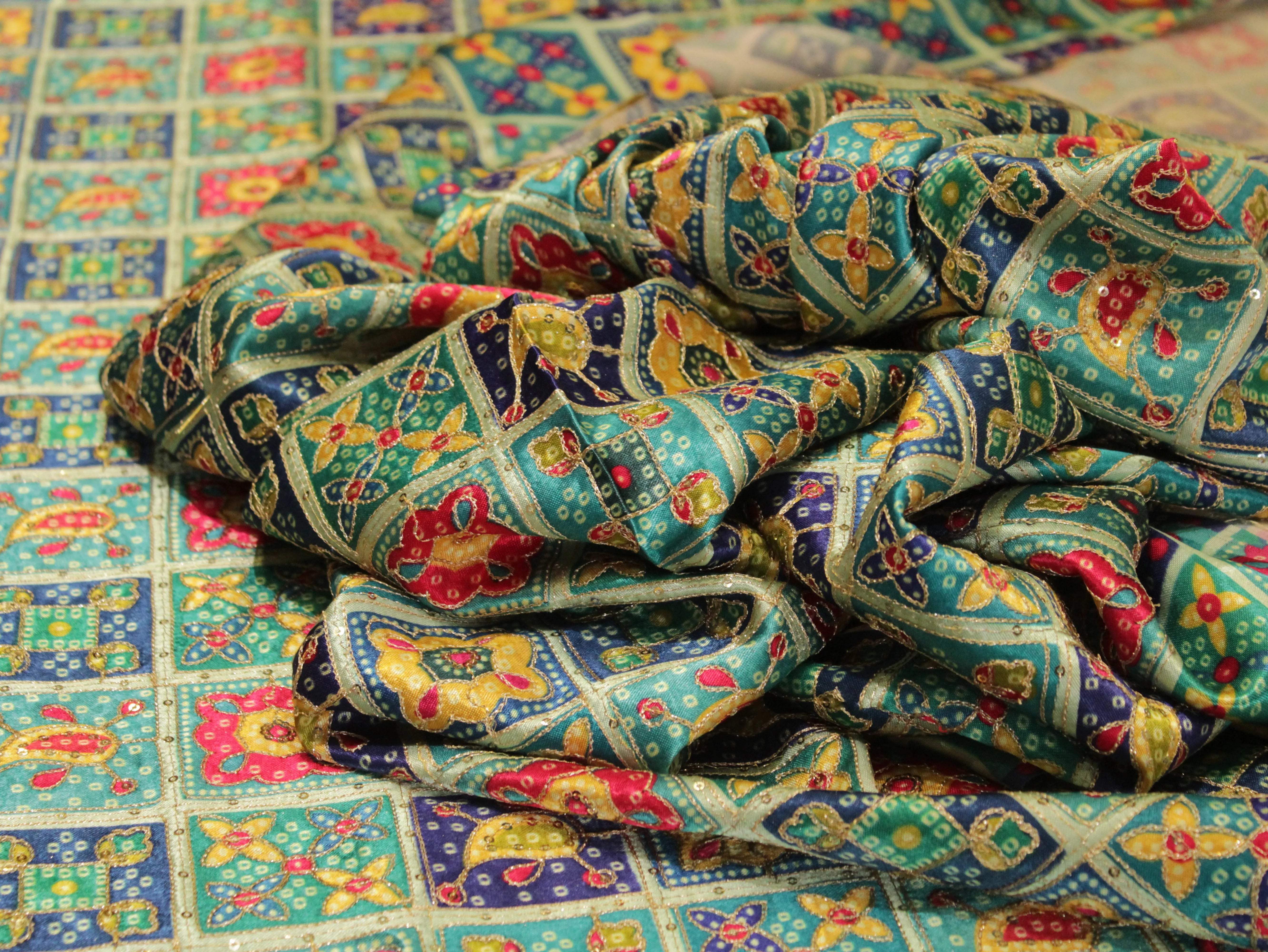 Gaji : Vintage Bandhani Position Work Fabric - Sea Green - M'Foks