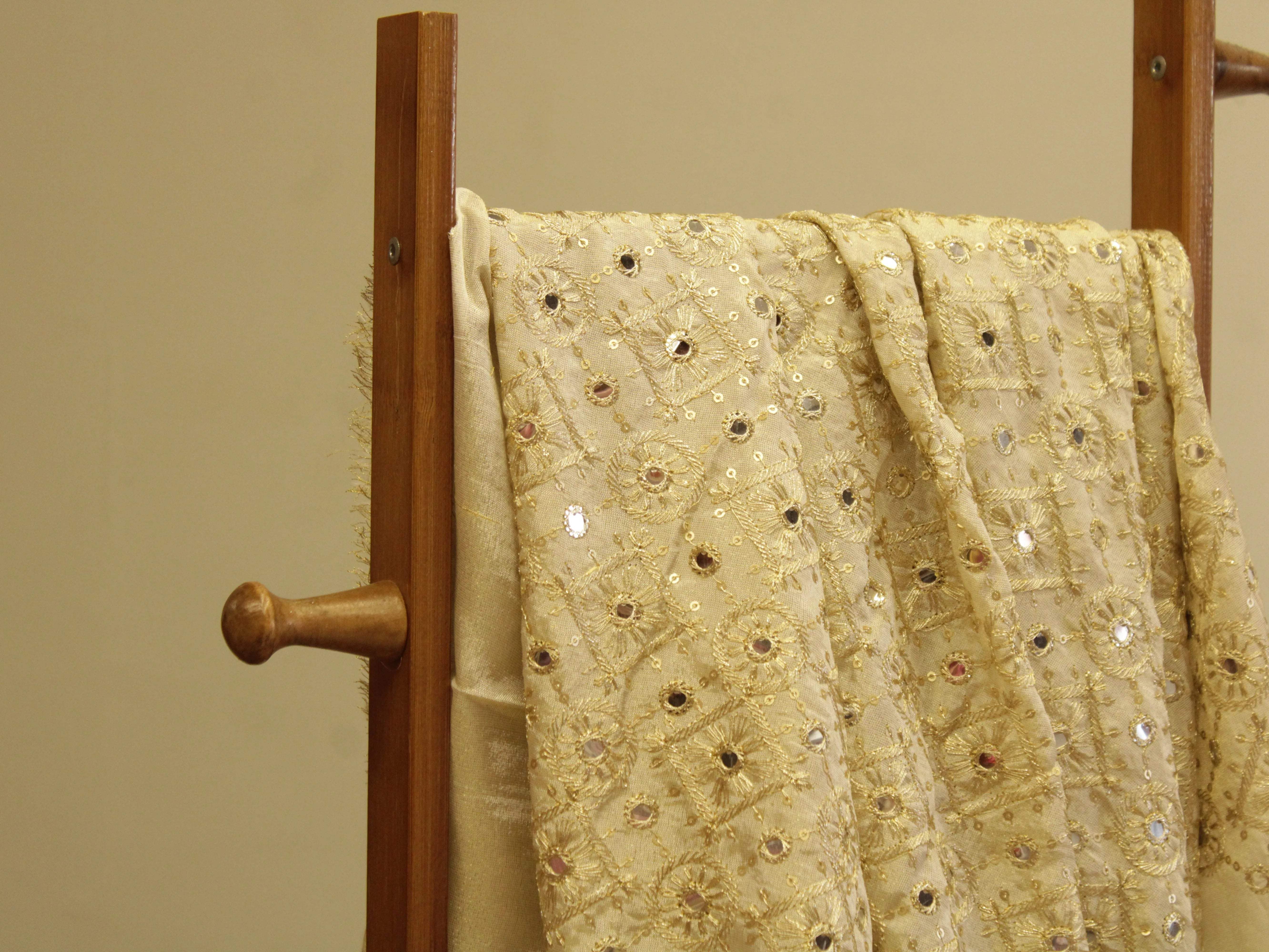 Premium Tissue Mirror Work Fabric - Ivory - M'Foks