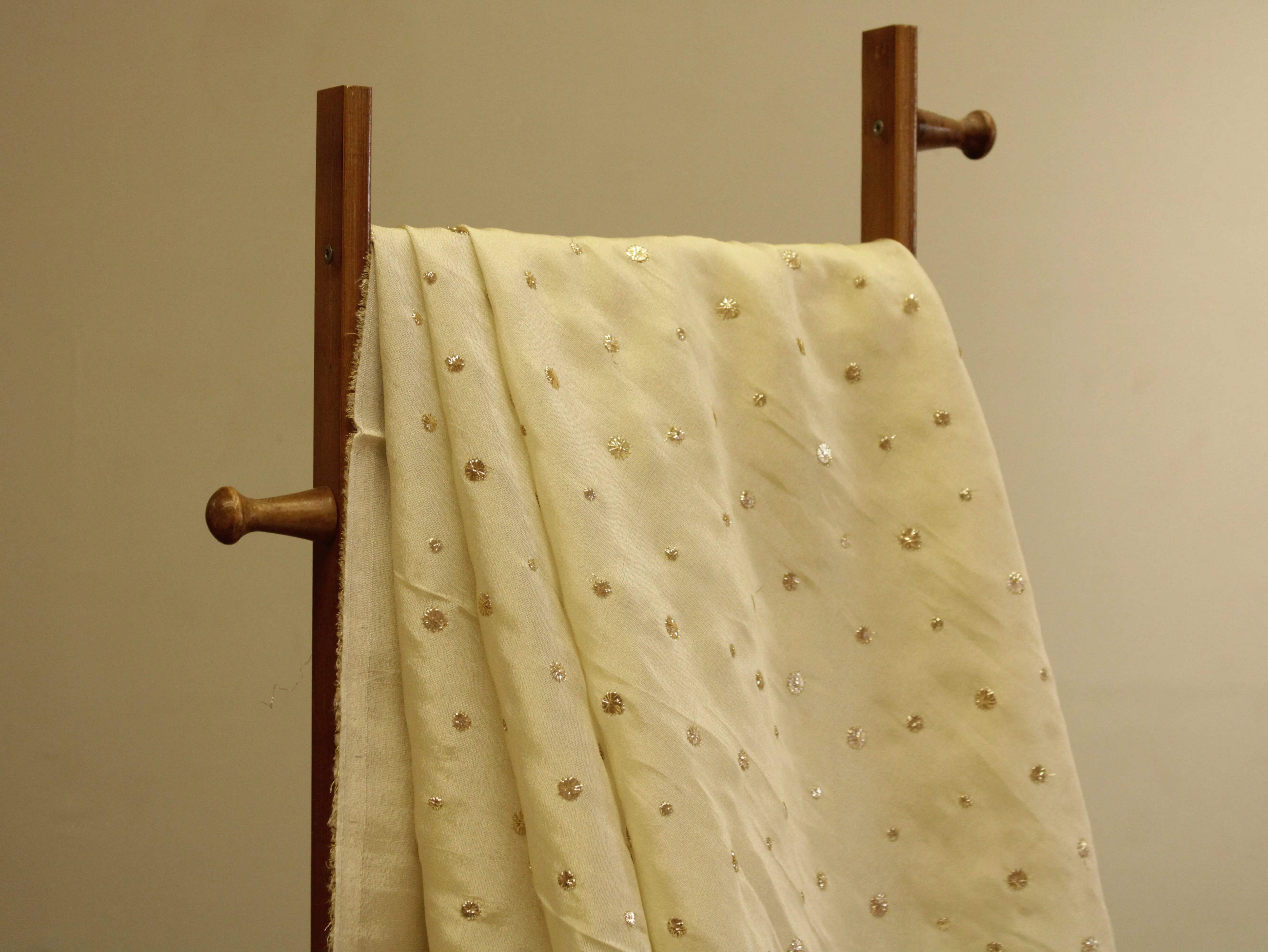 Premium Tissue Mukaish Look Foil Zari Work Fabric - Ivory - M'Foks