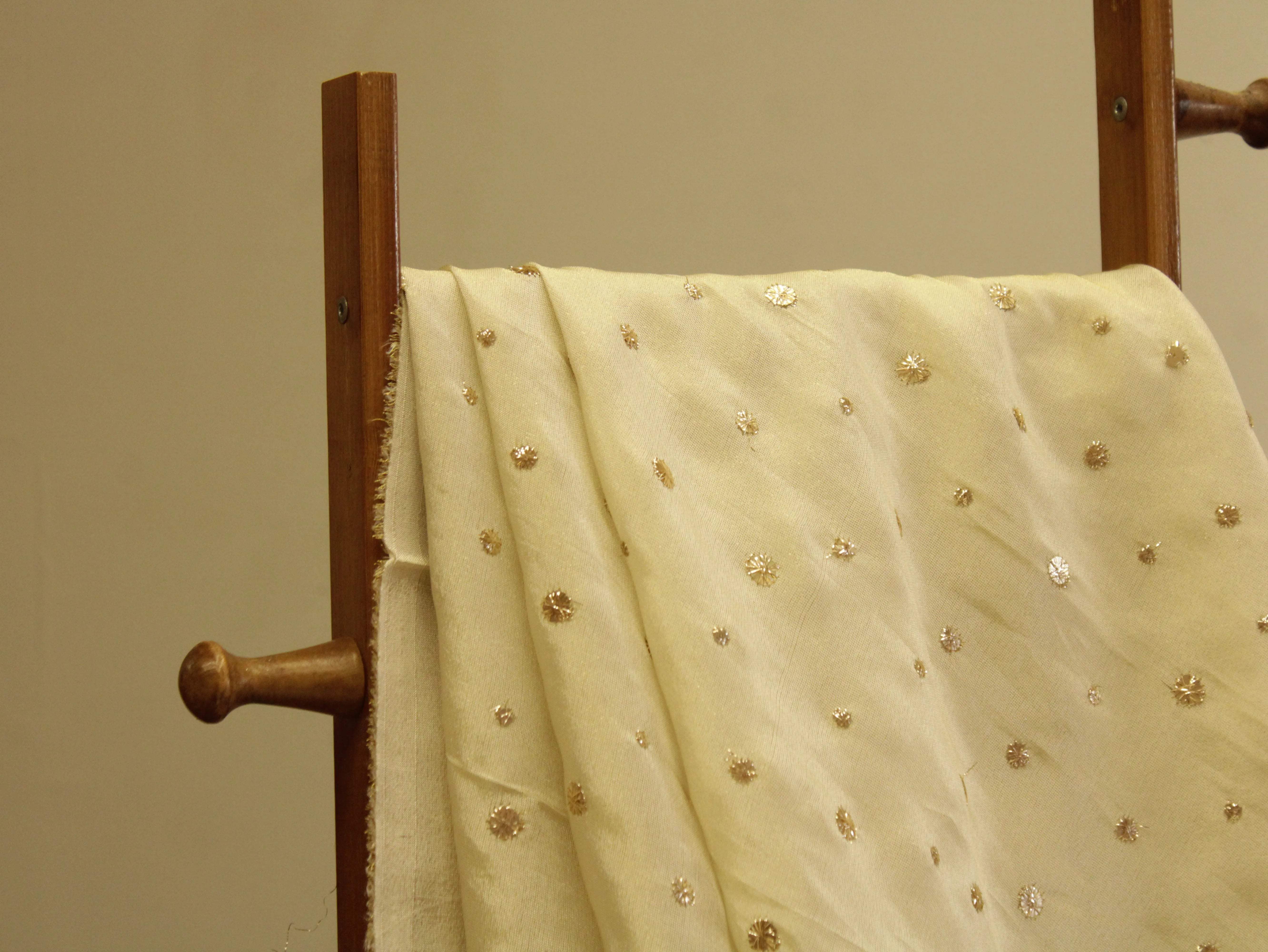 Premium Tissue Mukaish Look Foil Zari Work Fabric - Ivory - M'Foks