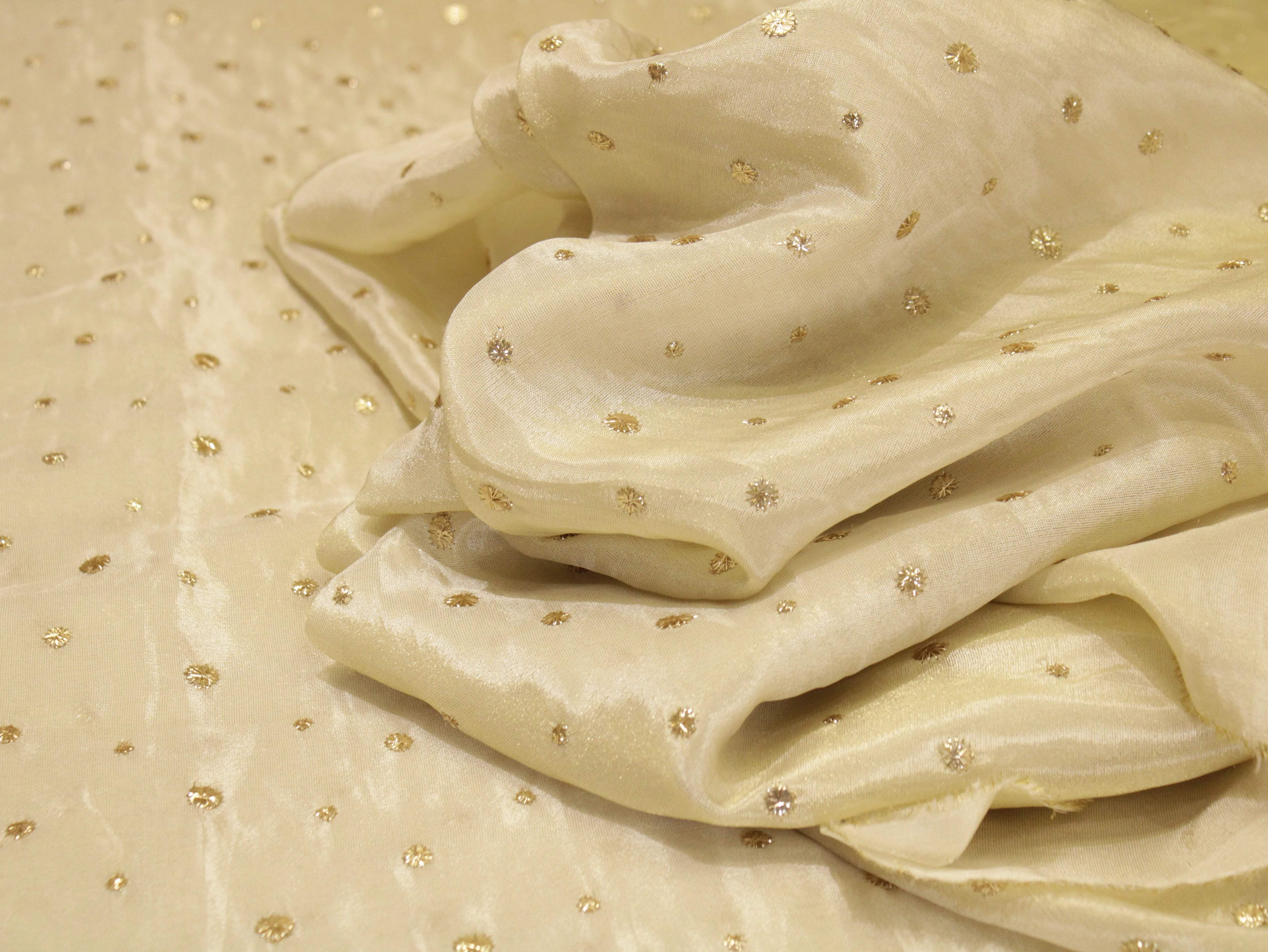 Premium Tissue Mukaish Look Foil Zari Work Fabric - Ivory - M'Foks