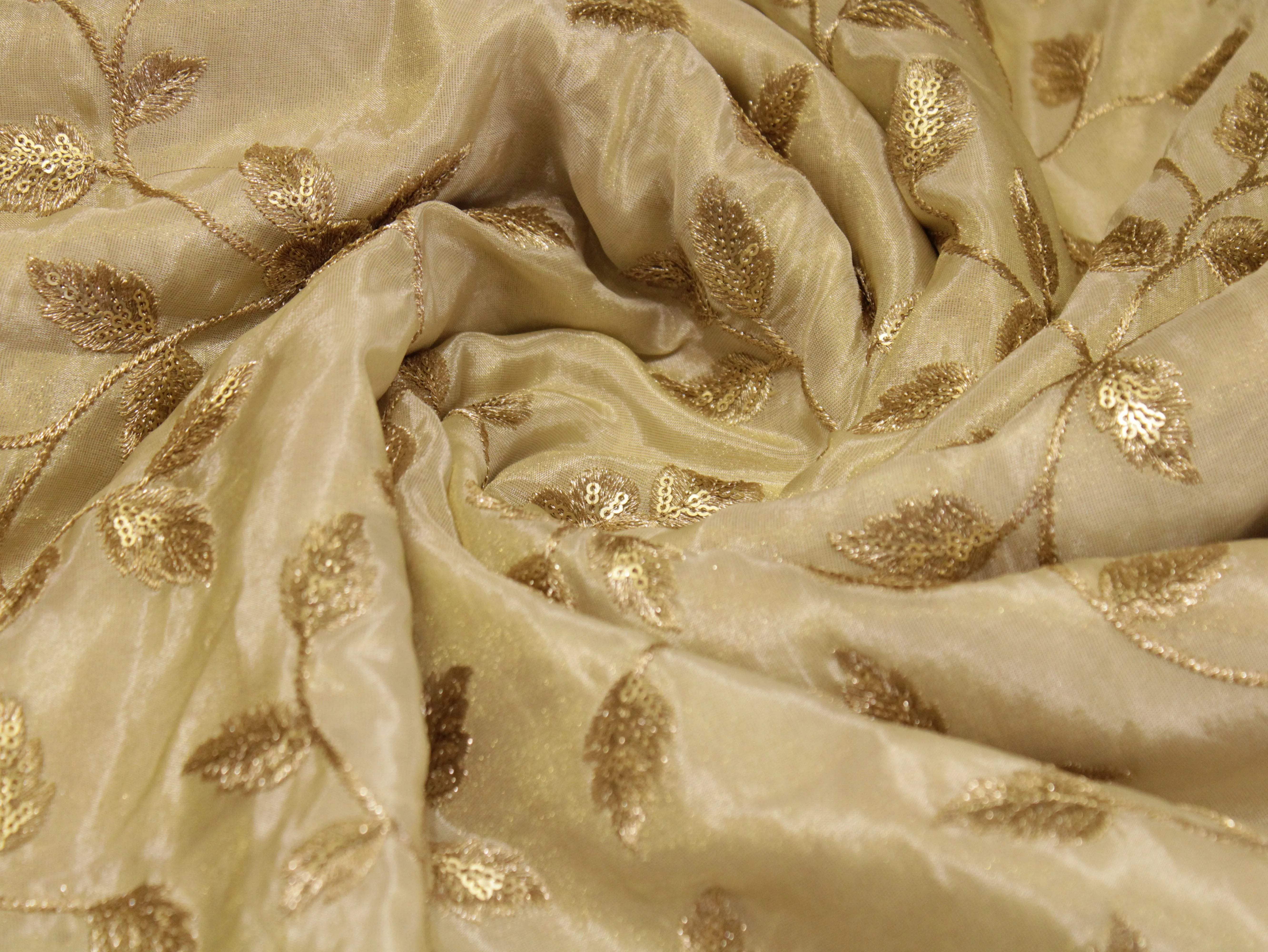 Premium Tissue Floral Zari Work Fabric - Ivory - M'Foks