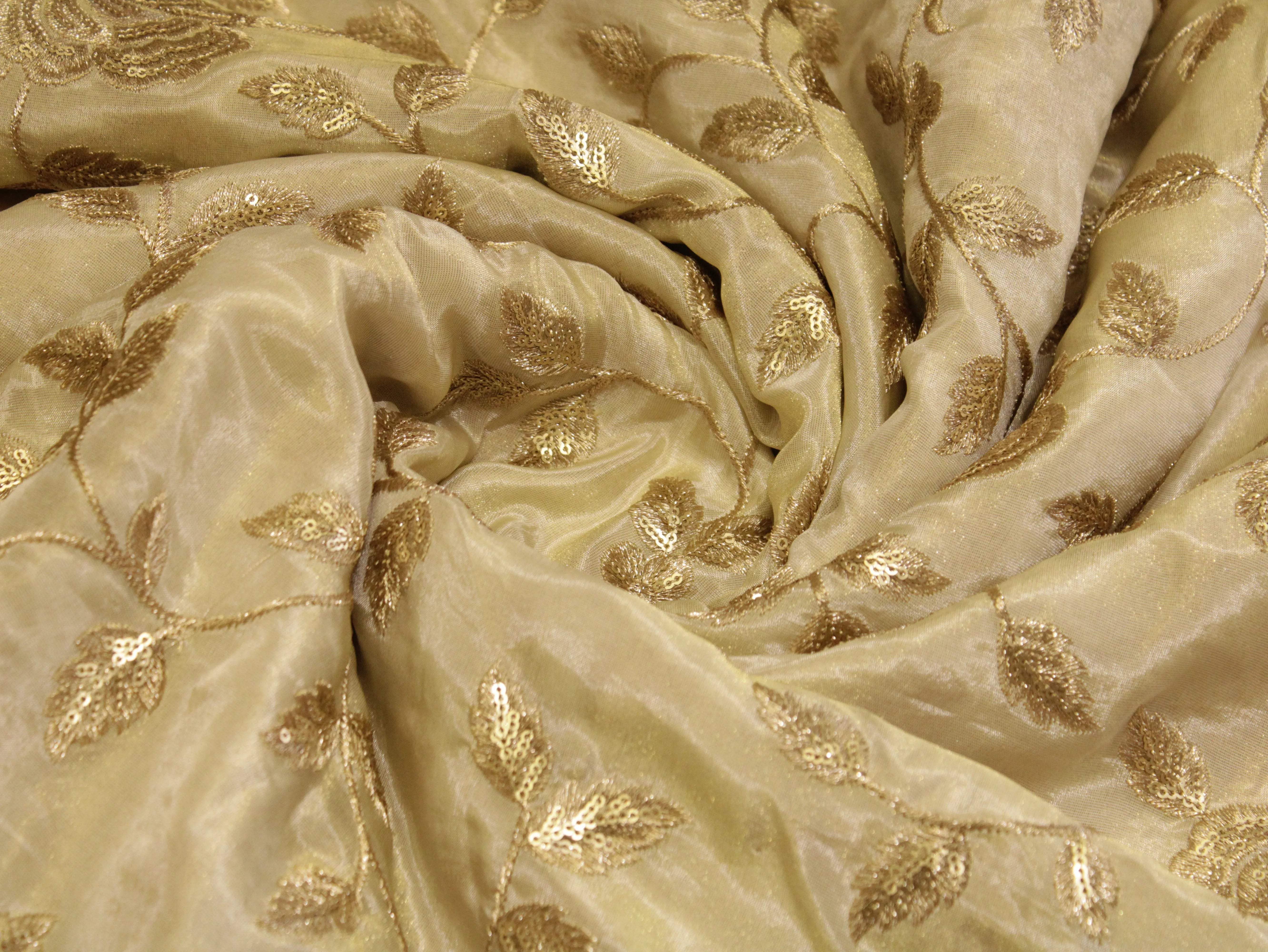 Premium Tissue Floral Zari Work Fabric - Ivory - M'Foks
