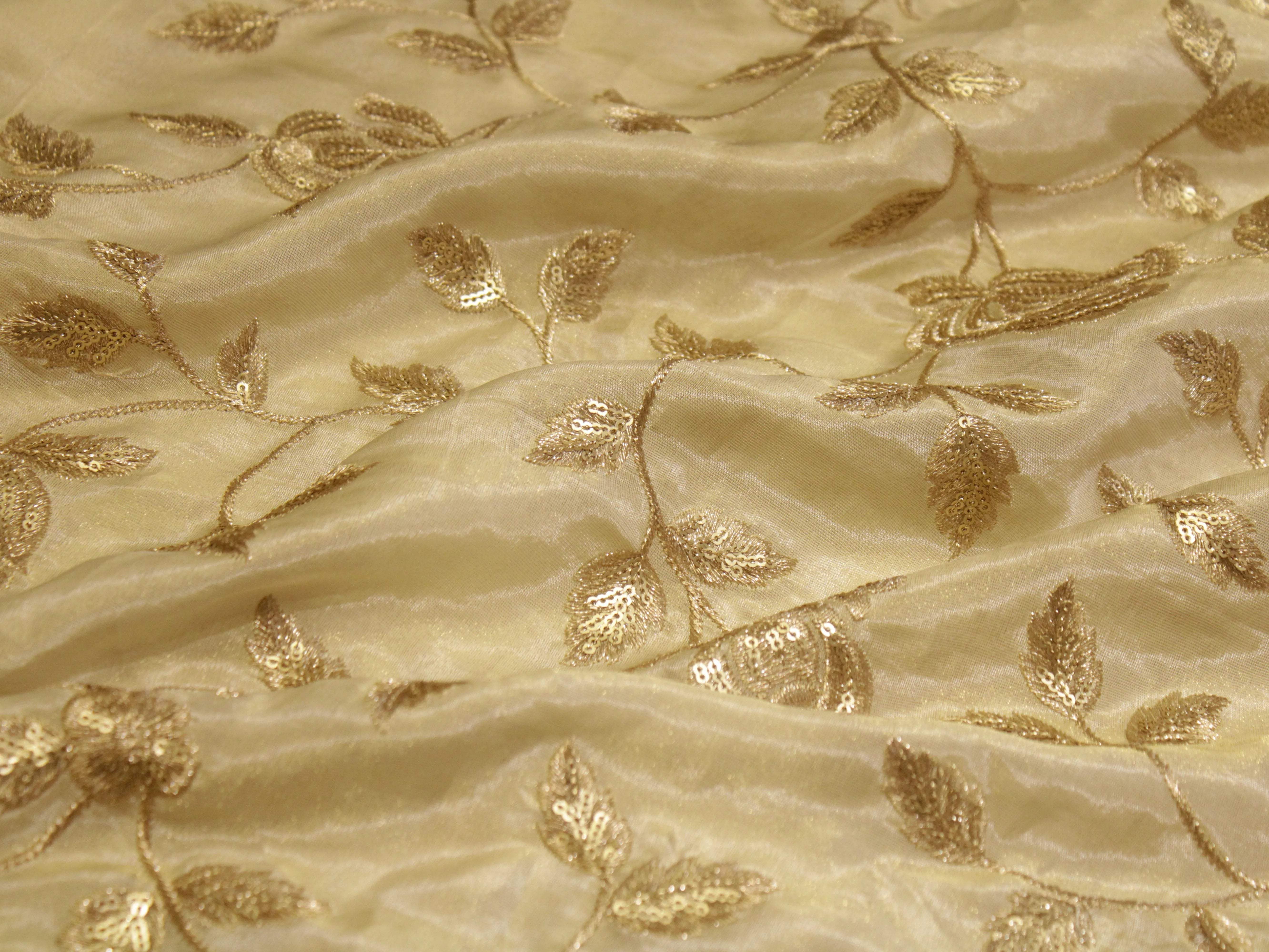 Premium Tissue Floral Zari Work Fabric - Ivory - M'Foks