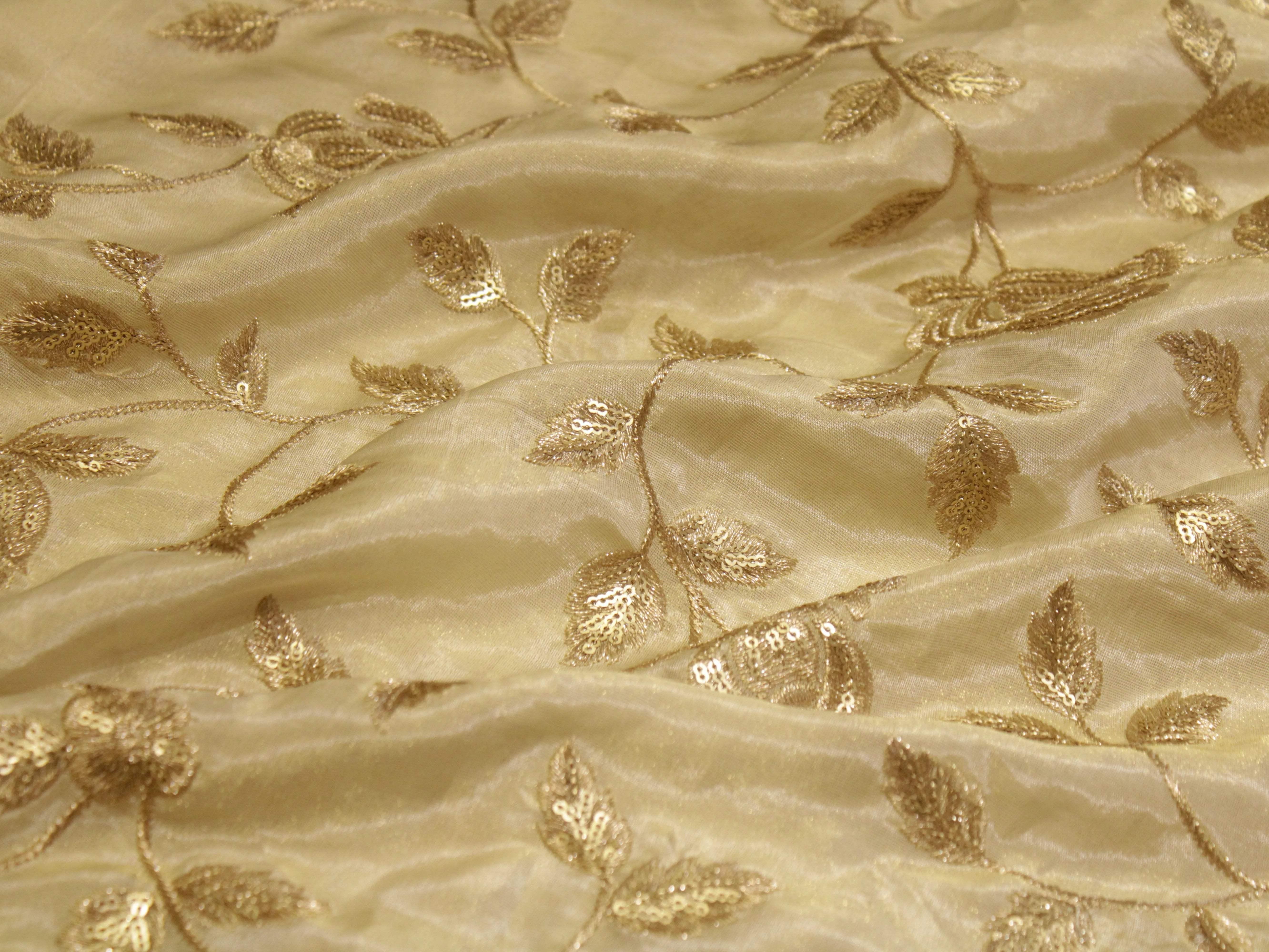 Premium Tissue Floral Zari Work Fabric - Ivory - M'Foks