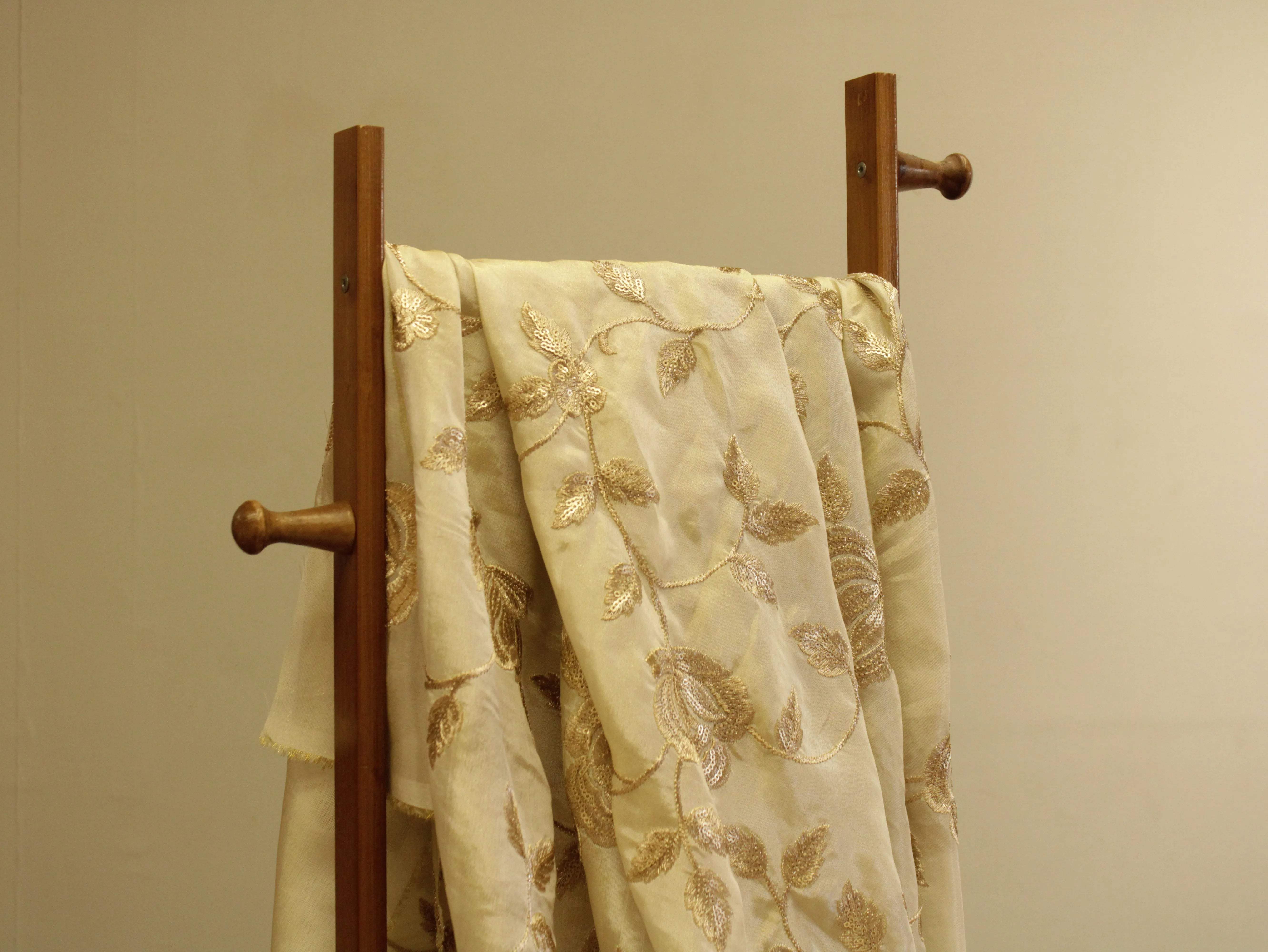Premium Tissue Floral Zari Work Fabric - Ivory - M'Foks