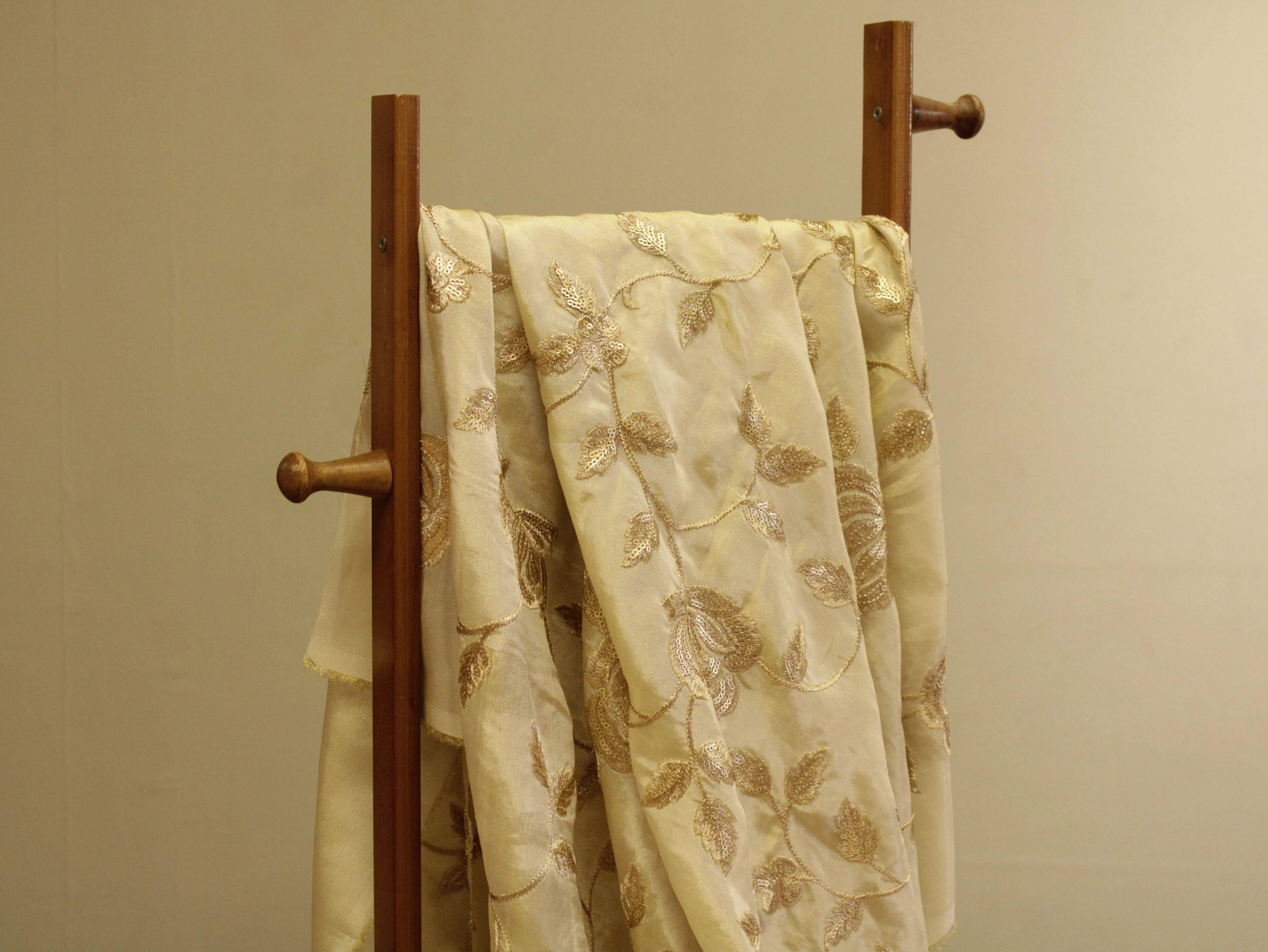 Premium Tissue Floral Zari Work Fabric - Ivory - M'Foks