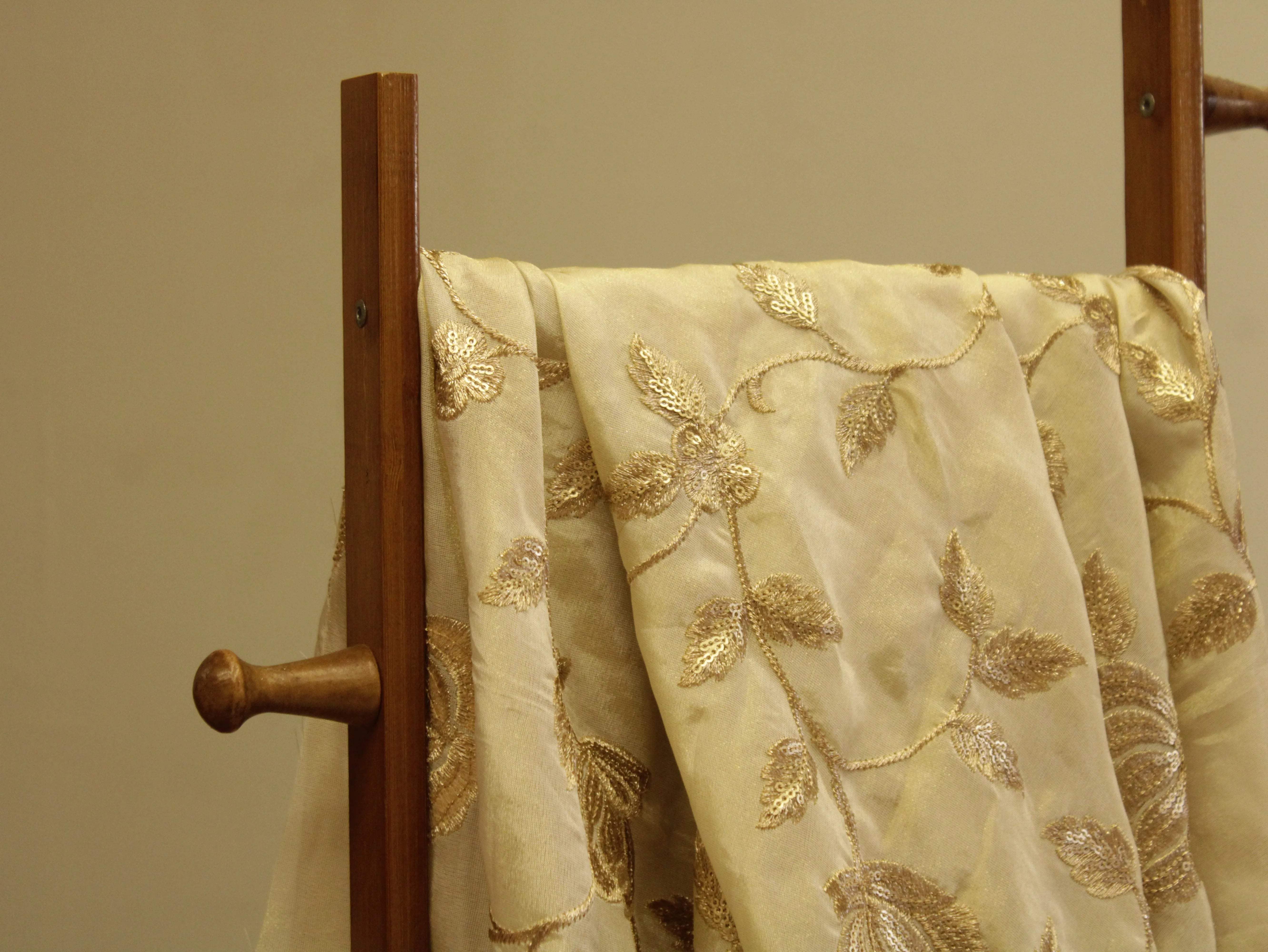 Premium Tissue Floral Zari Work Fabric - Ivory - M'Foks